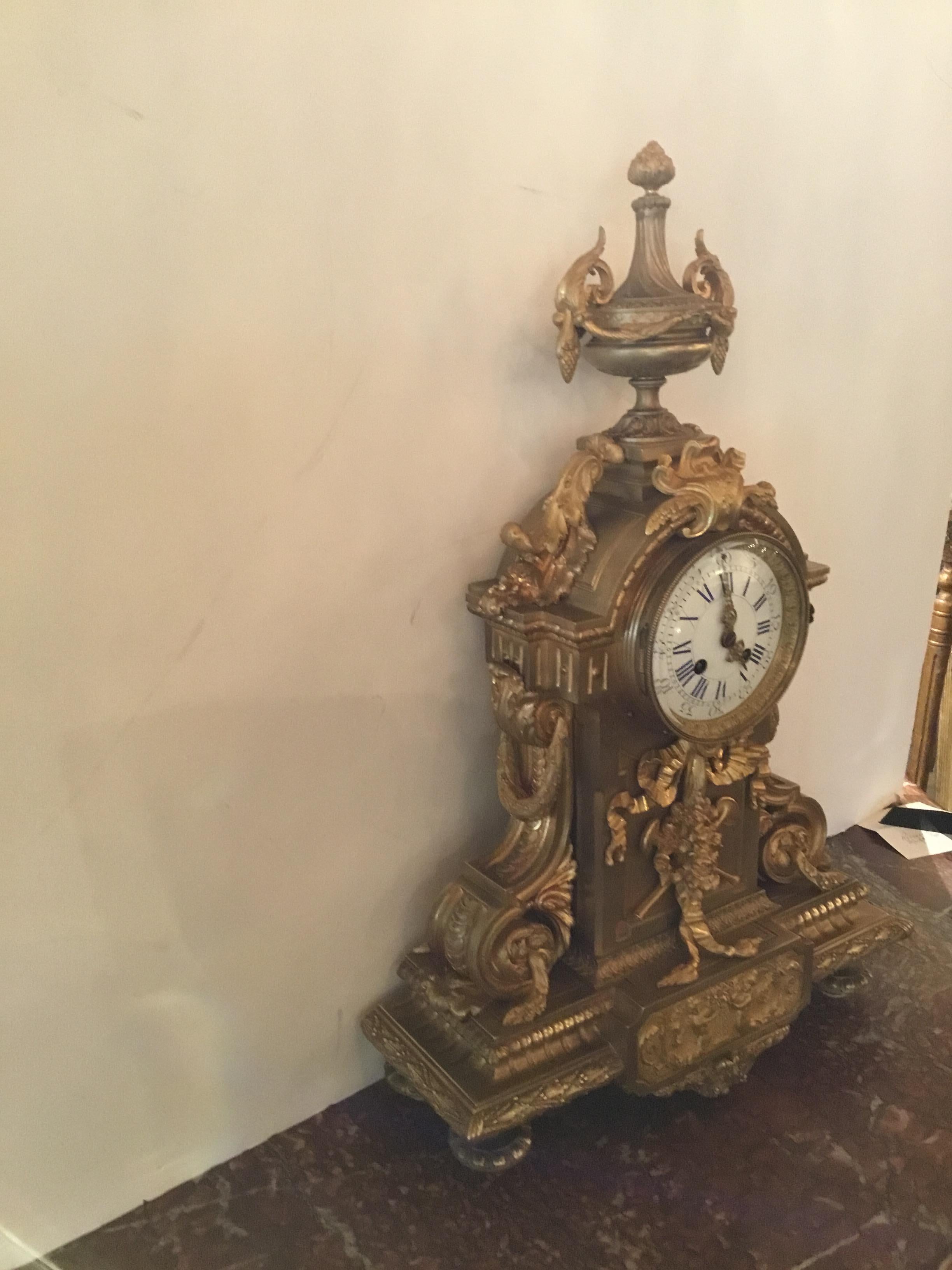 French Gilt Bronze Mantel Clock, Rococo Revival, 19th Century with Enamel Dial 3