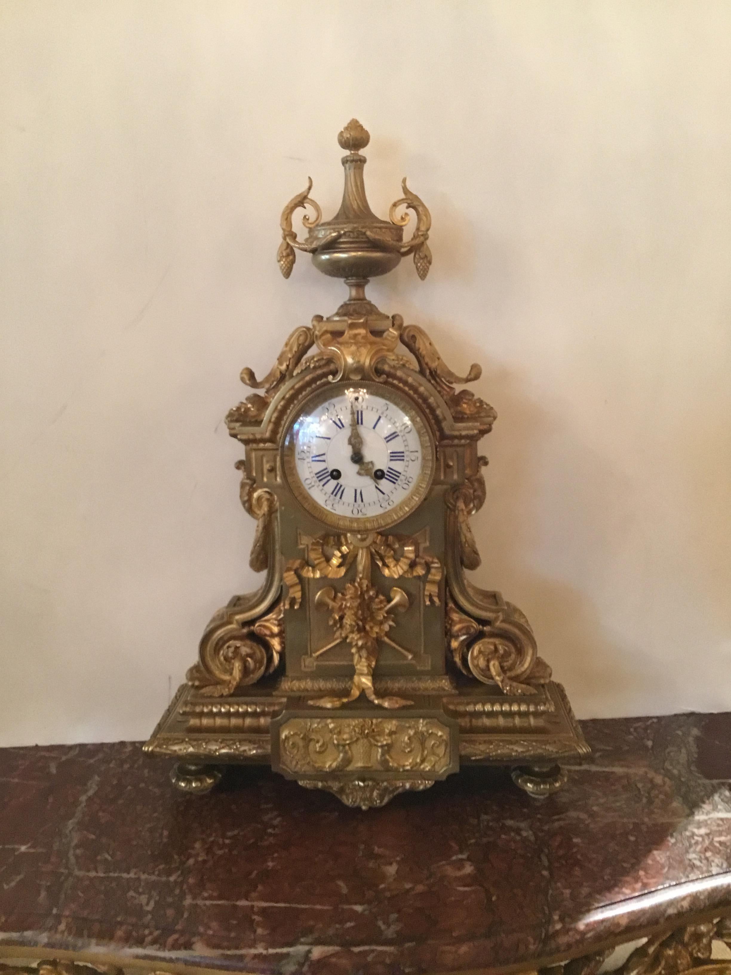 French Gilt Bronze Mantel Clock, Rococo Revival, 19th Century with Enamel Dial 4