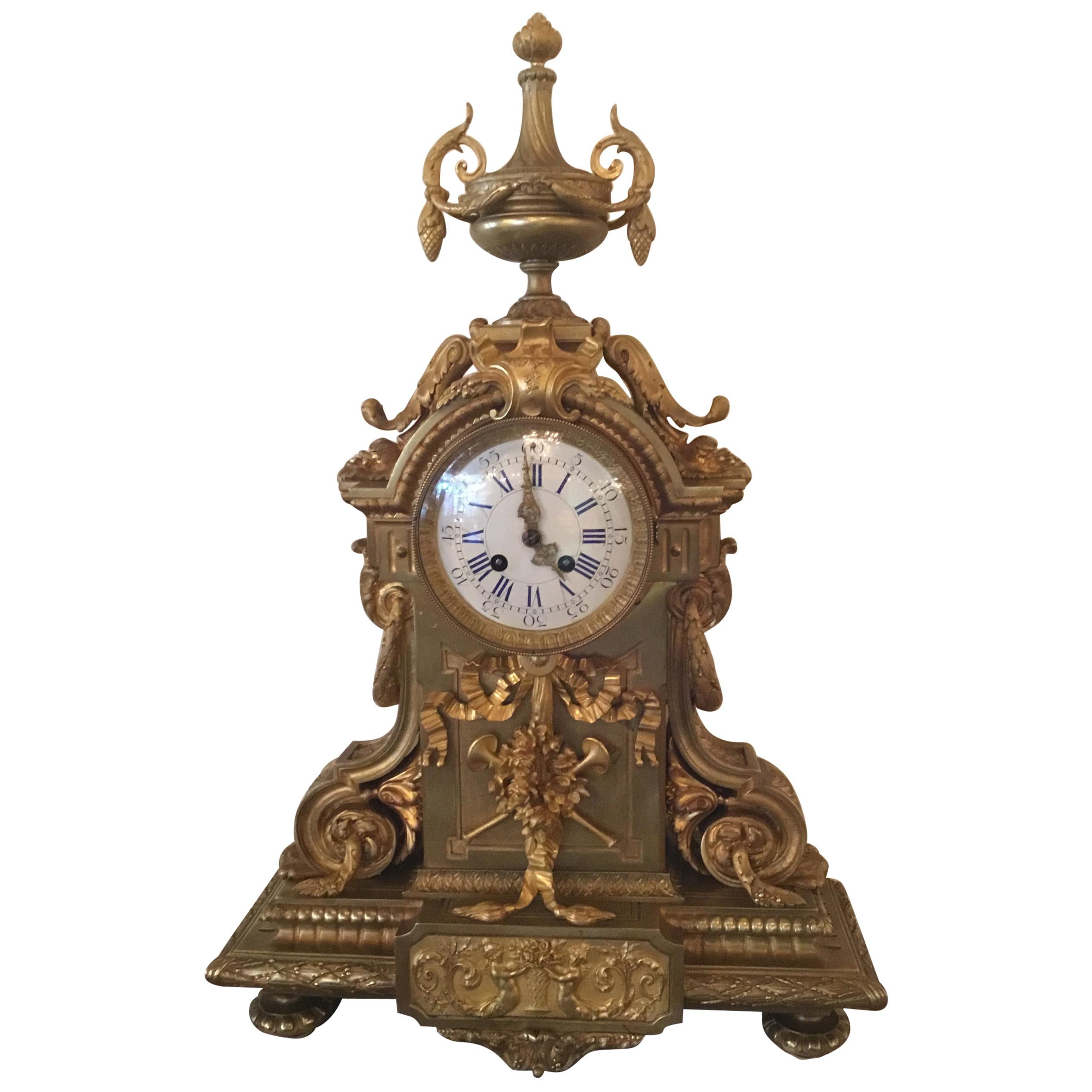 French Gilt Bronze Mantel Clock, Rococo Revival, 19th Century with Enamel Dial