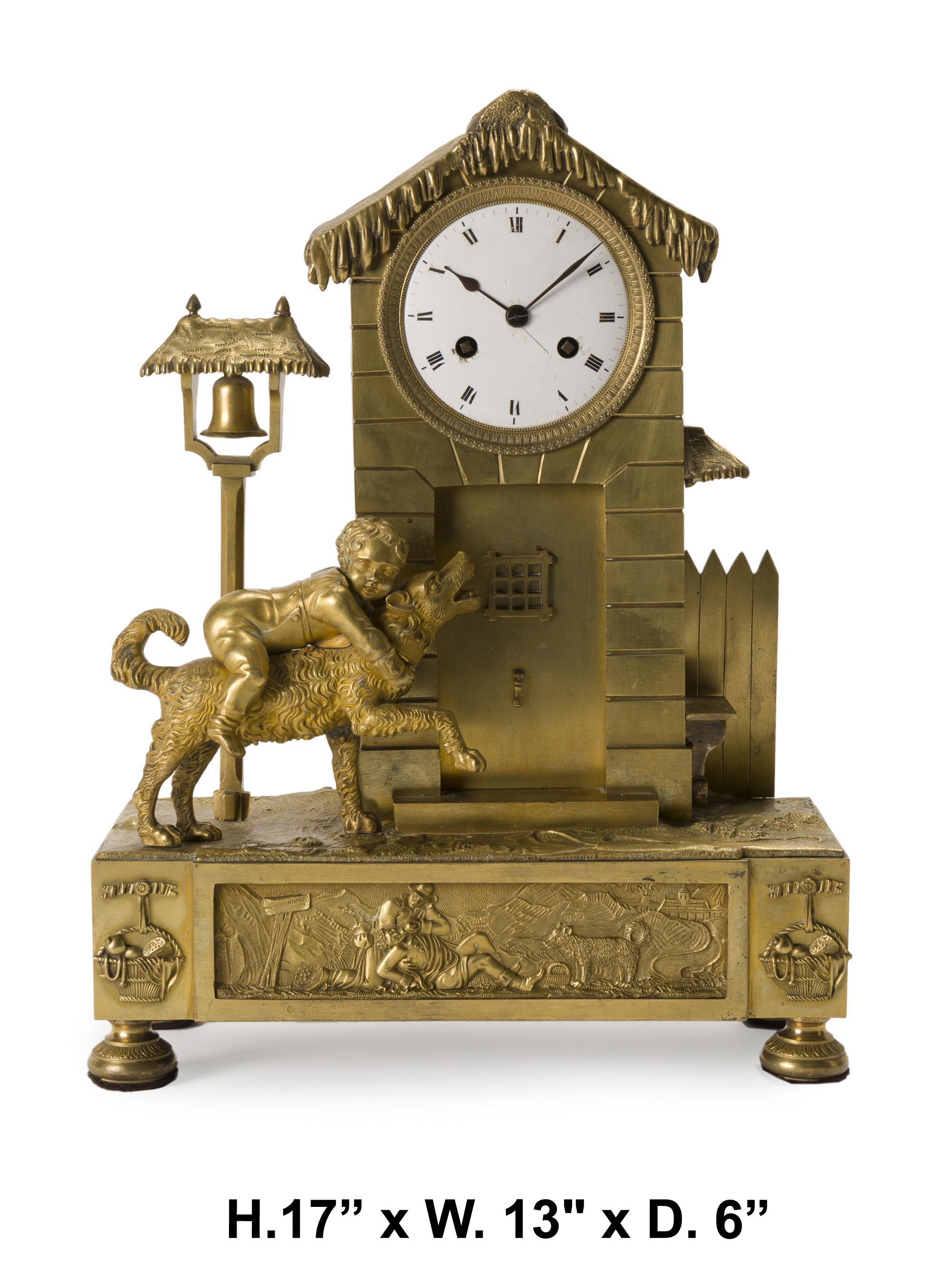 Lovely 19 century French gilt-bronze clock
Apparently unsigned 
The white porcelain dial with Roman numeral hour markers, enclosed in a chalet-formed case with a figure of a boy riding a dog over a scene of a weary traveler raised on bun feet 
17