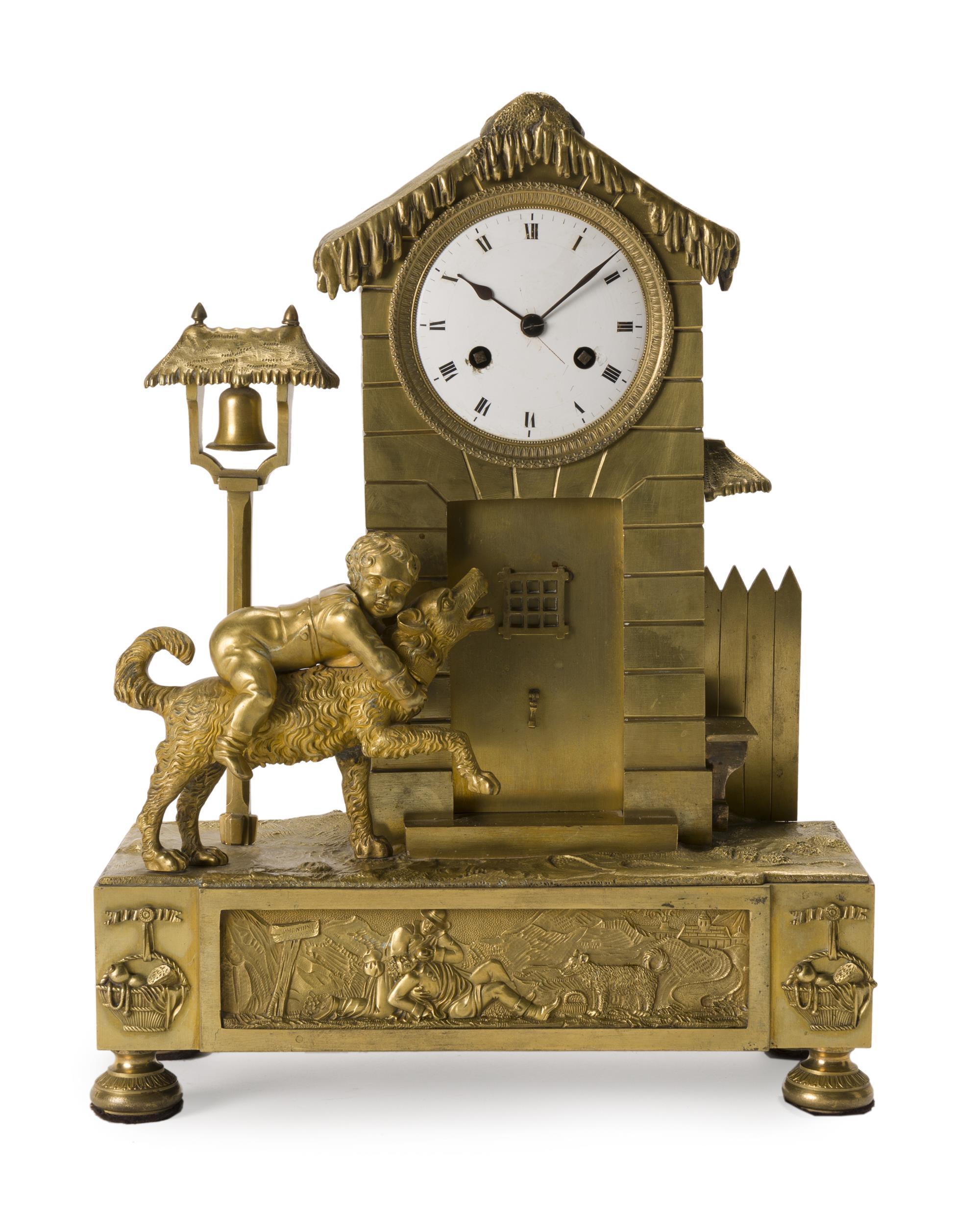 Louis XV French Gilt Bronze Mantle Clock With Dog, 19 C For Sale