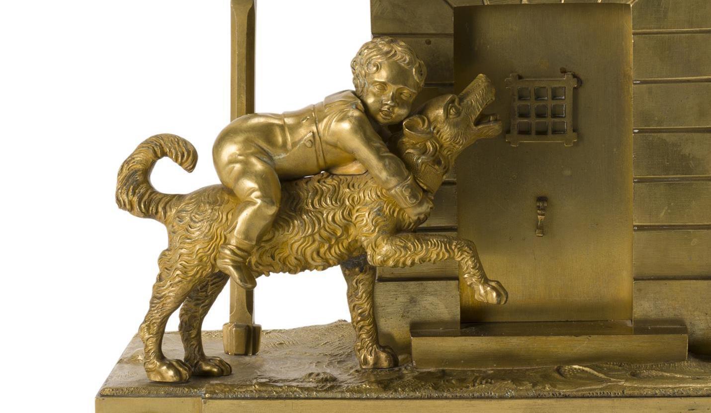 Hand-Crafted French Gilt Bronze Mantle Clock With Dog, 19 C For Sale