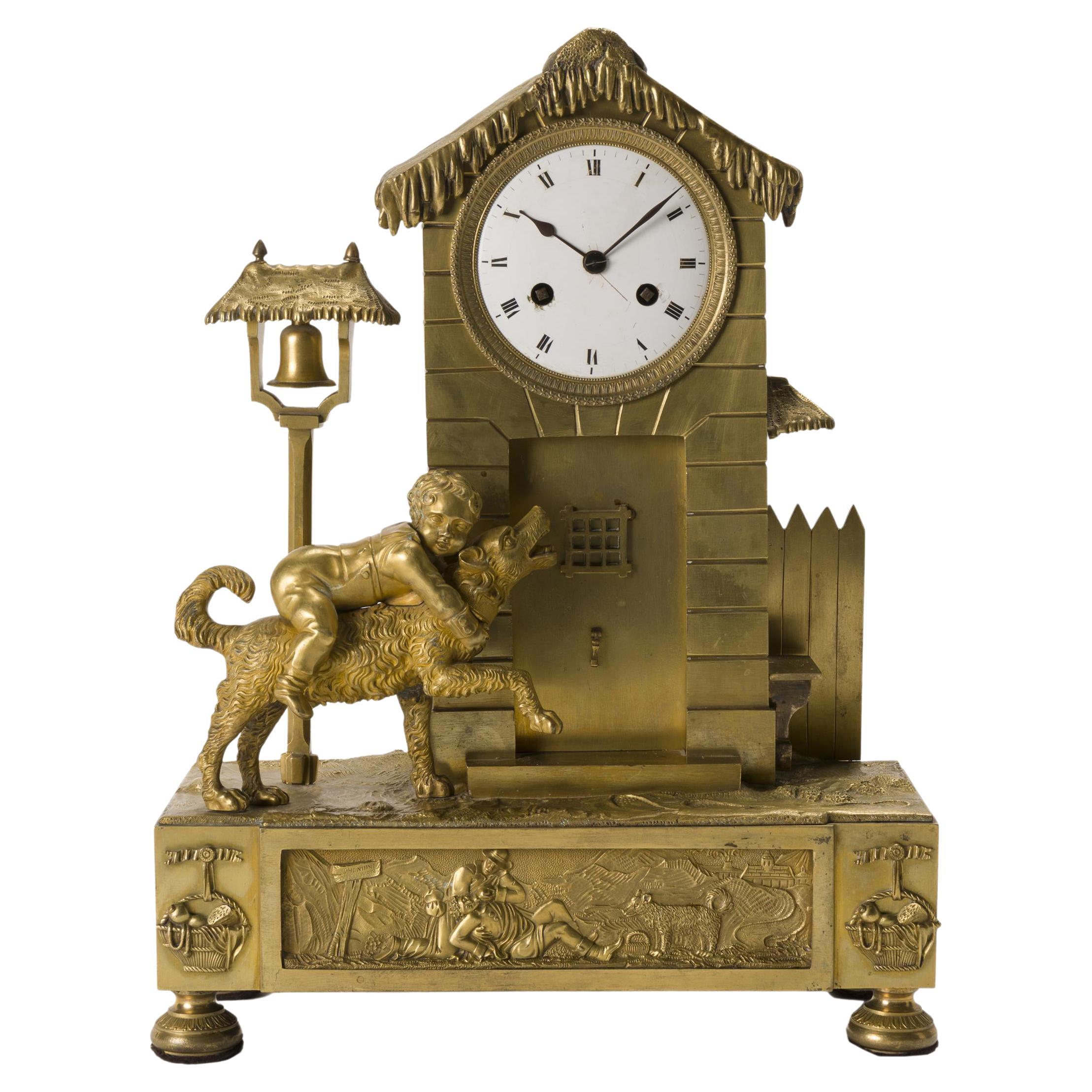 French Gilt Bronze Mantle Clock With Dog, 19 C