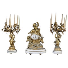 French Gilt-Bronze, Marble Orbit Clock Garniture