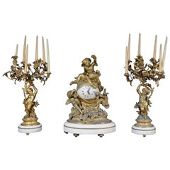 French Gilt-Bronze, Marble Orbit Clock Garniture 