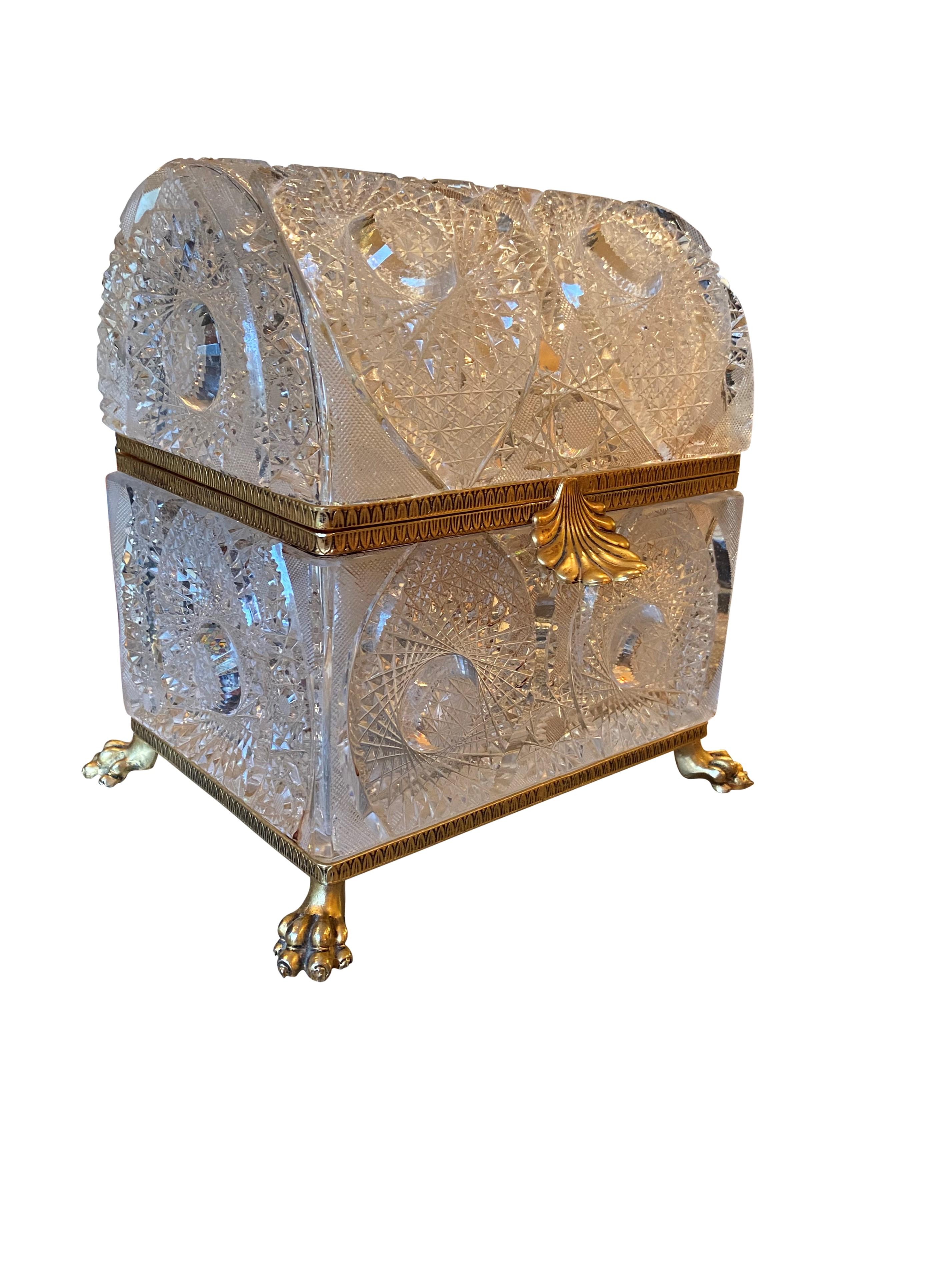 A beautiful domed perfume casket box, French gilt bronze mounted cut glass domed casket crystal frères, entirely hand carved in the Benito workshops in France by Martin Benito. Rectangular shape with domed hinged cover centered by a gilt bronze