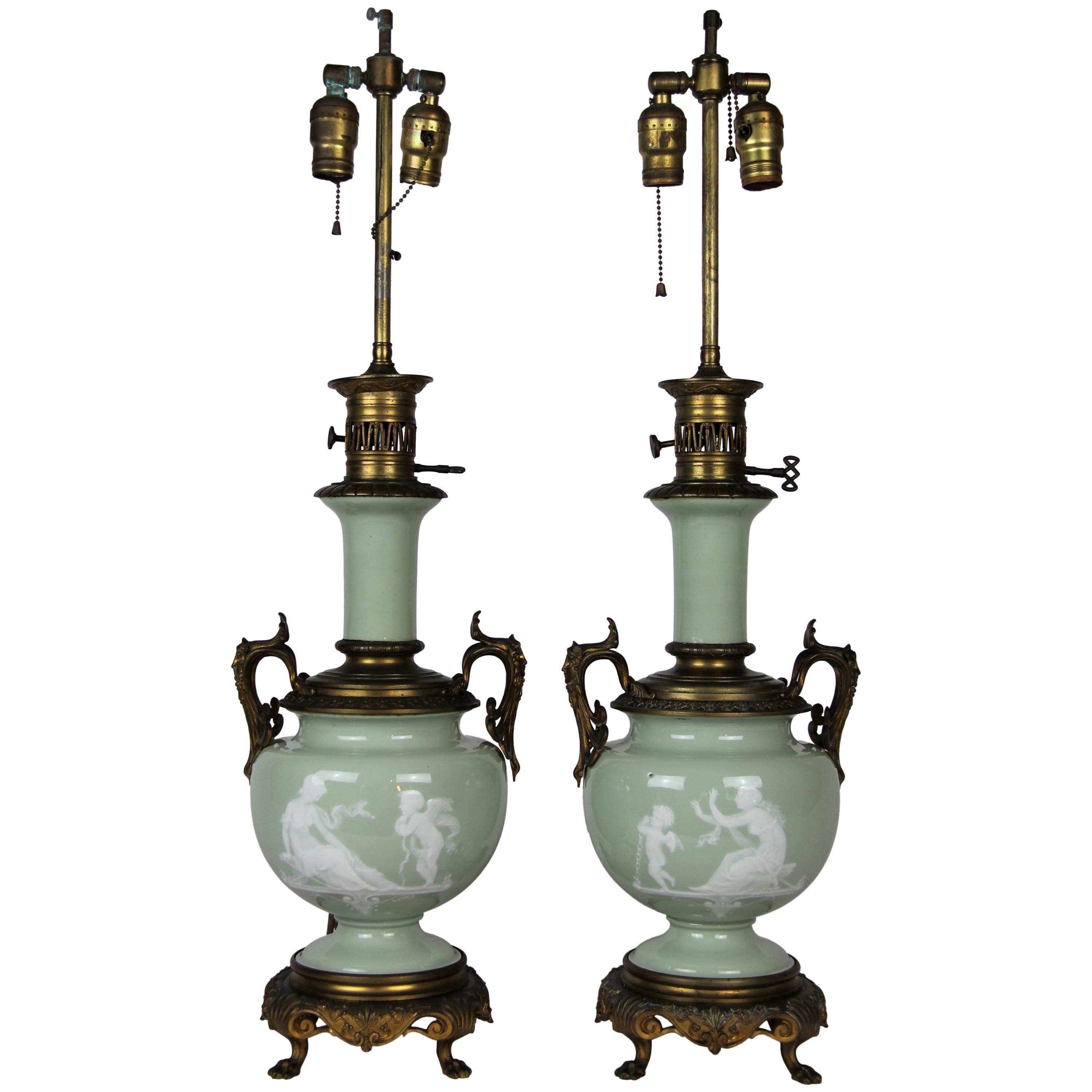 French Gilt Bronze Mounted Double-Sided Pate Sur Pate Celadon Ground Lamps, Pair