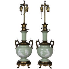 Antique French Gilt Bronze Mounted Double-Sided Pate Sur Pate Celadon Ground Lamps, Pair