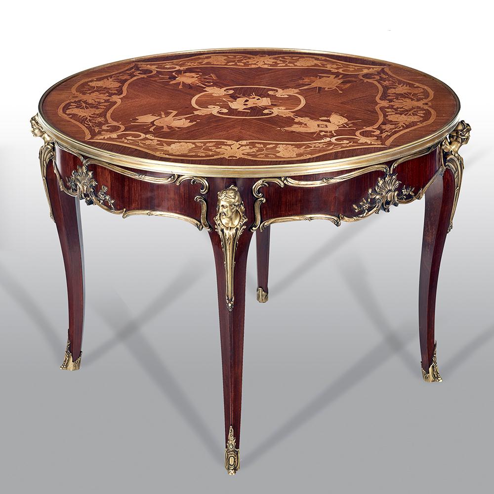 20th Century French Gilt Bronze-Mounted Kingwood, and Satinwood Marquetry Center Table