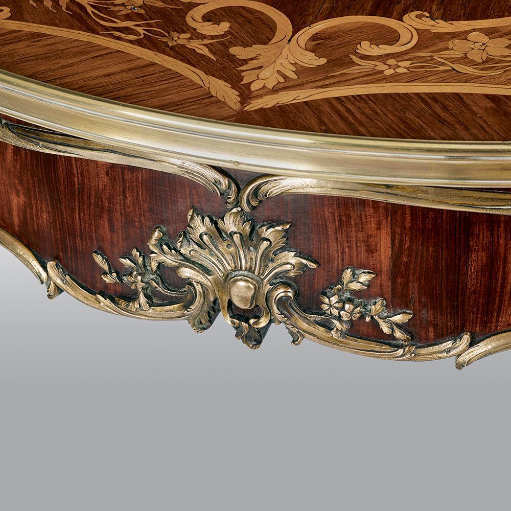 French Gilt Bronze-Mounted Kingwood, and Satinwood Marquetry Center Table 1