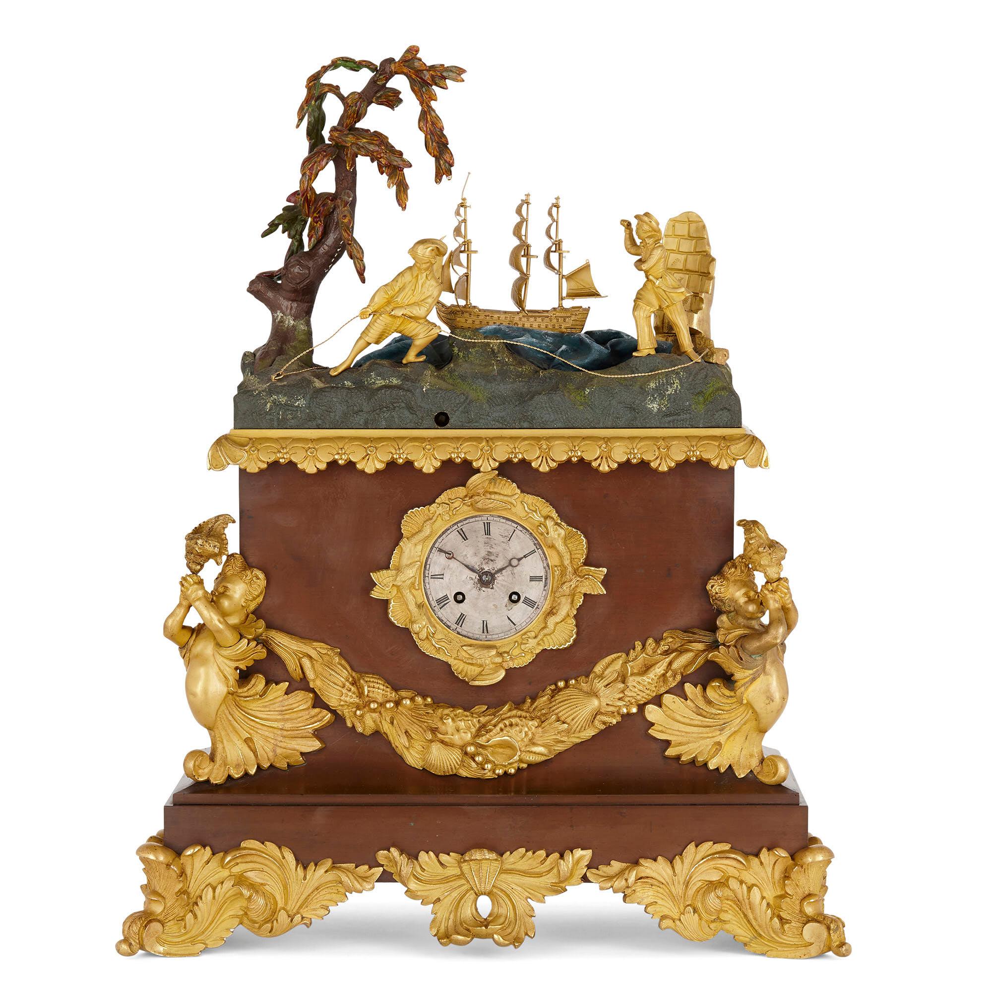 French gilt bronze mounted marine themed automaton mantel clock
French, circa 1850
Measures: With glass dome and base height 90 cm, width 70 cm, depth 33 cm
Clock without dome and base height 60 cm, width 47 cm, depth 20 cm

This unusual clock