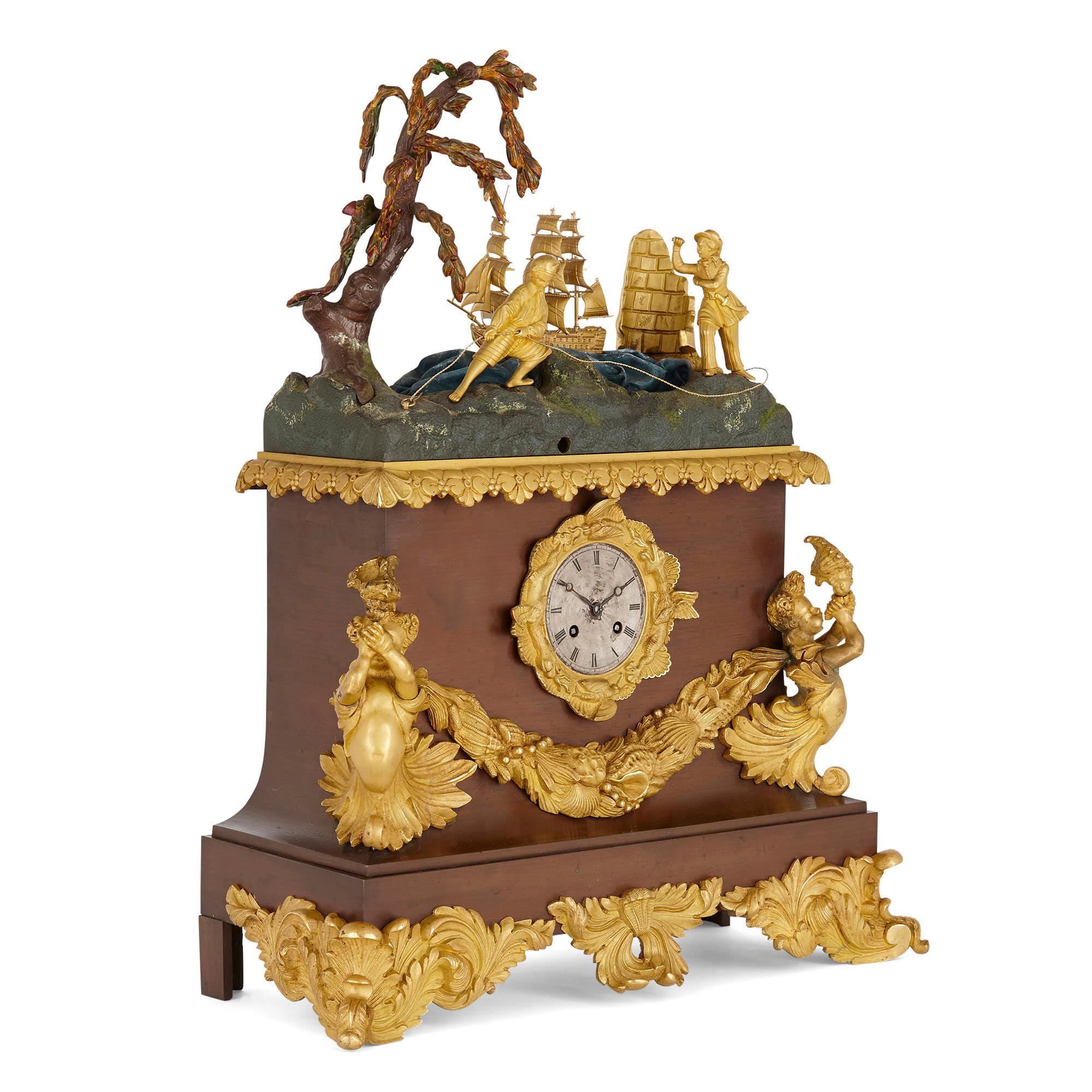 French Gilt Bronze Mounted Marine Themed Automaton Mantel Clock In Good Condition For Sale In London, GB