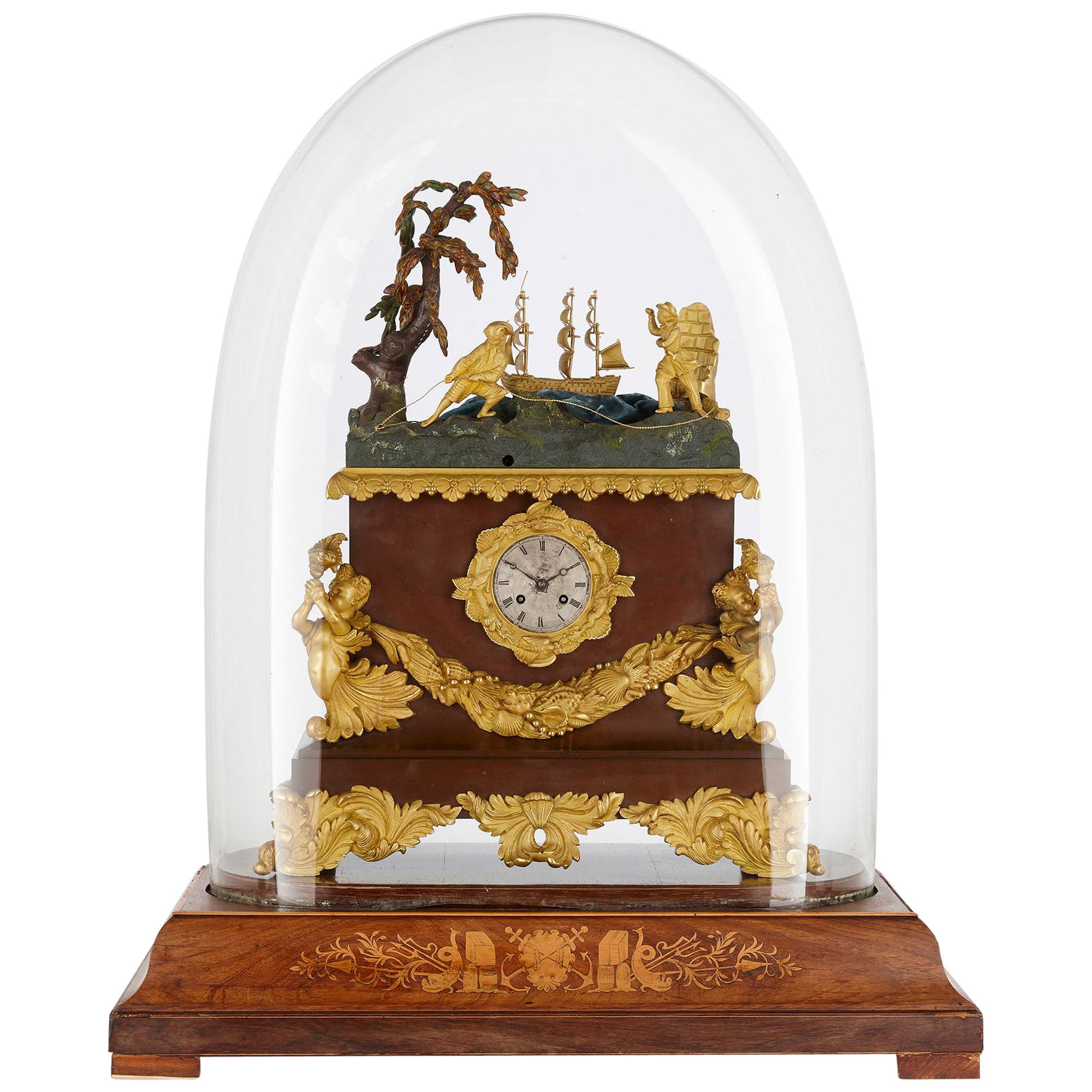 Pendule de cheminée automatique française sur le thème de la marine montée en bronze doré