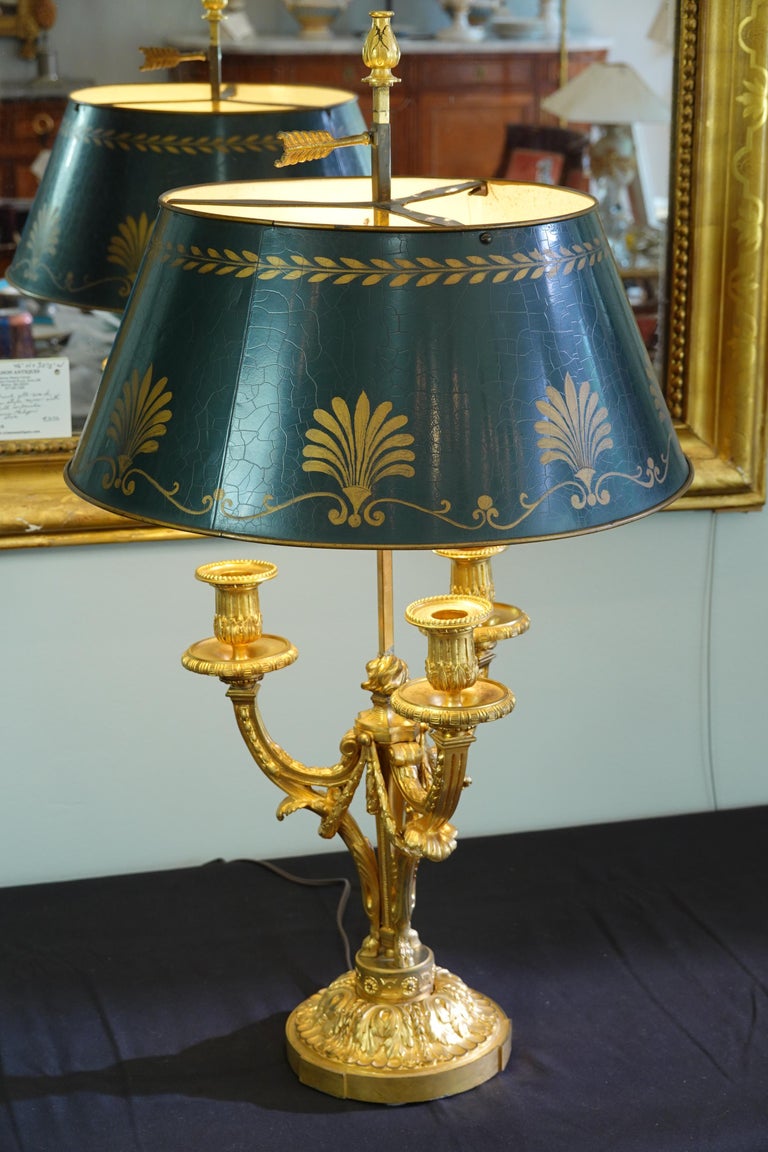 19th Century French Gilt-Bronze Neoclassical Bouillotte Lamp with Tole Shade For Sale