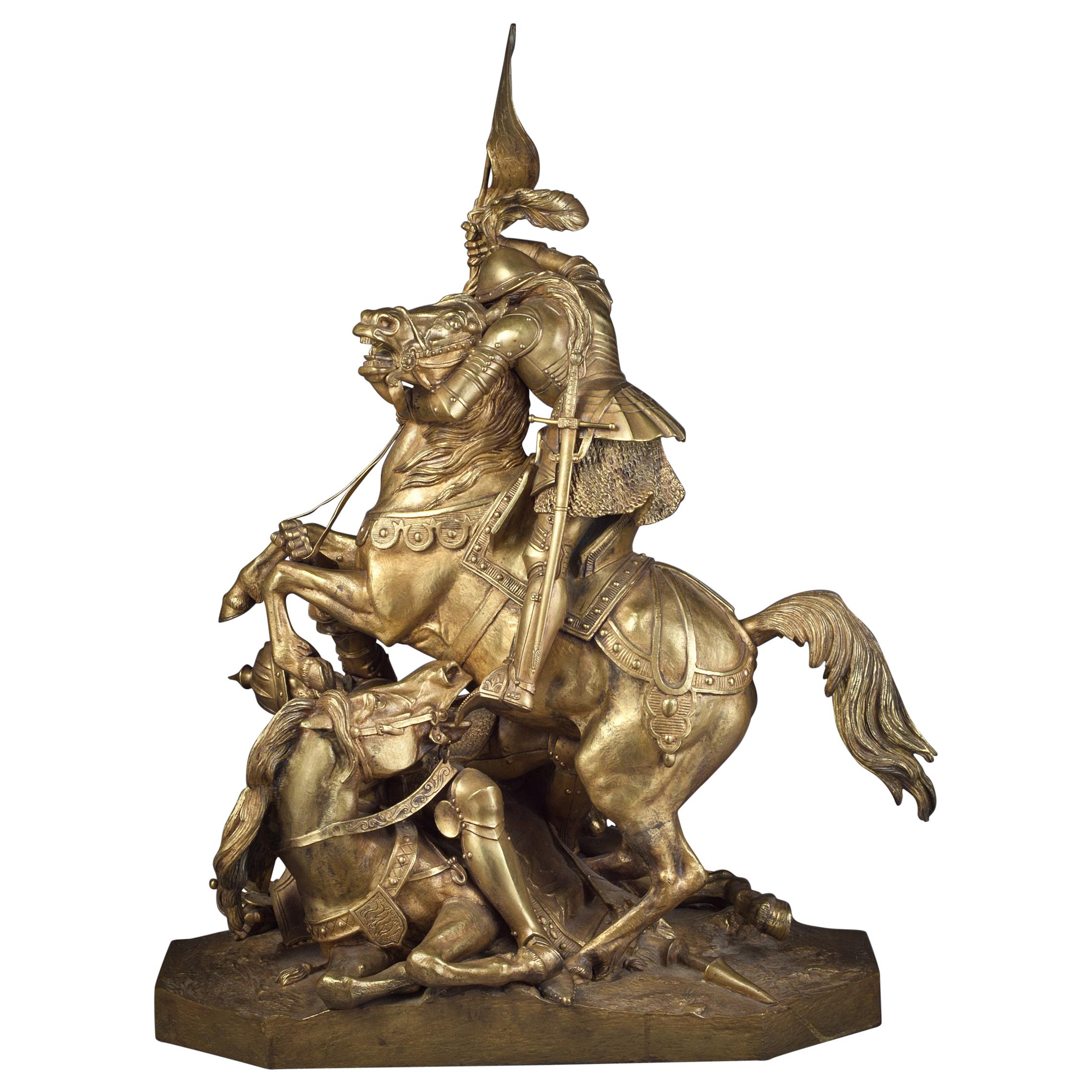 French Gilt Bronze of "Joan of Arc Defeating the English" by Theodore Gechter