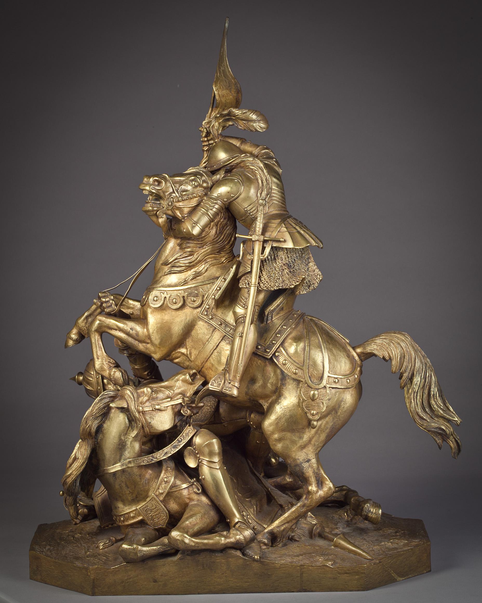 Depicting the armored and mounted Joan rising over a fallen soldier and horse. Signed 'Th. Gechter'.