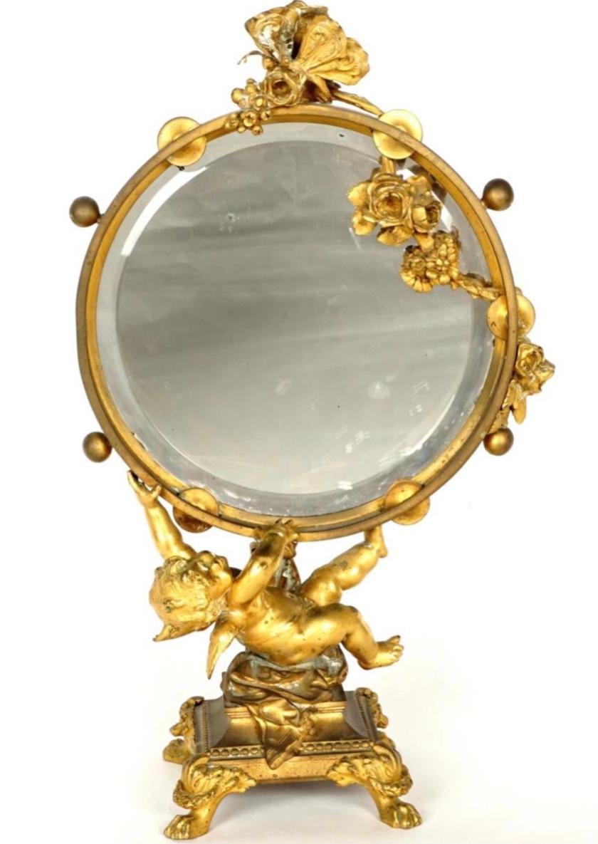 Rococo Revival French Gilt Bronze Ormolu Figural Table Mirror
