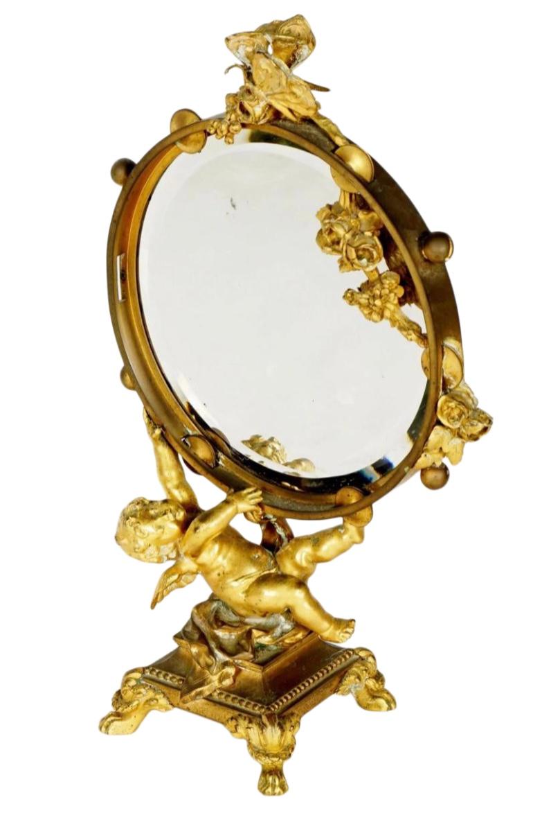 French Gilt Bronze Ormolu Figural Table Mirror 2