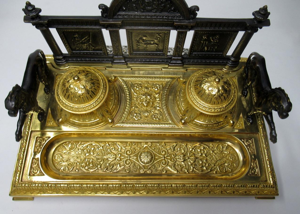French Gilt Bronze Ormolu Large Double Inkstand Desk Set Lions, 19th Century 7