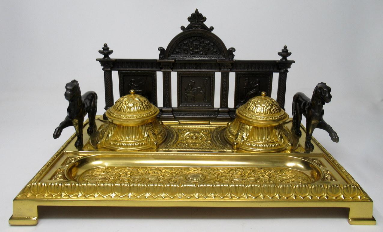 Early Victorian French Gilt Bronze Ormolu Large Double Inkstand Desk Set Lions, 19th Century