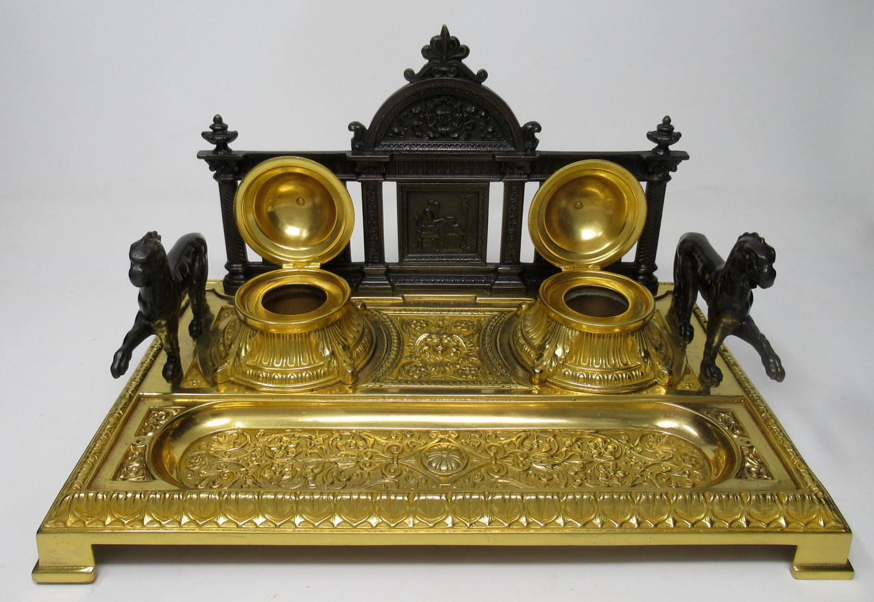 French Gilt Bronze Ormolu Large Double Inkstand Desk Set Lions, 19th Century In Good Condition In Dublin, Ireland