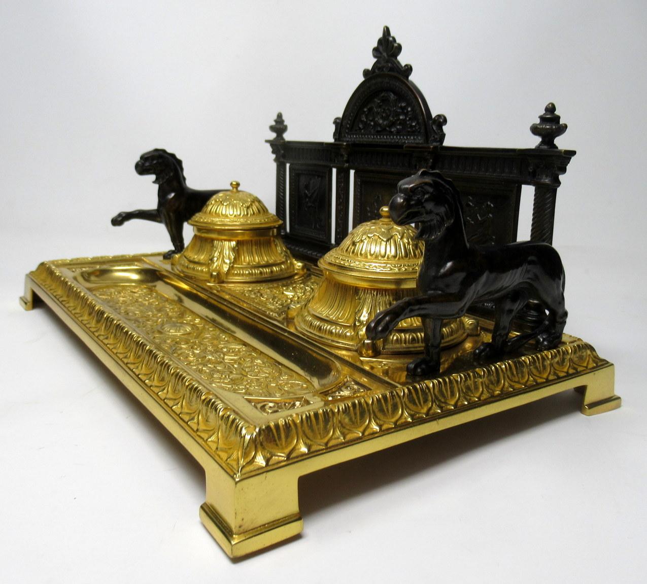 French Gilt Bronze Ormolu Large Double Inkstand Desk Set Lions, 19th Century 1