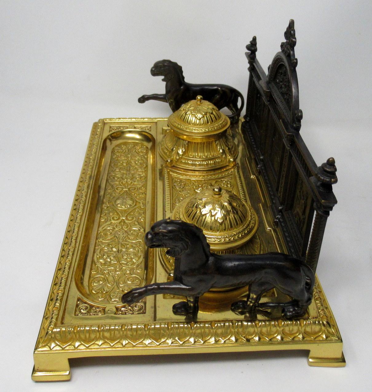 French Gilt Bronze Ormolu Large Double Inkstand Desk Set Lions, 19th Century 3