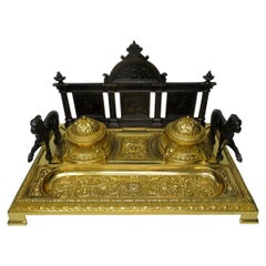 Antique French Gilt Bronze Ormolu Large Double Inkstand Desk Set Lions, 19th Century