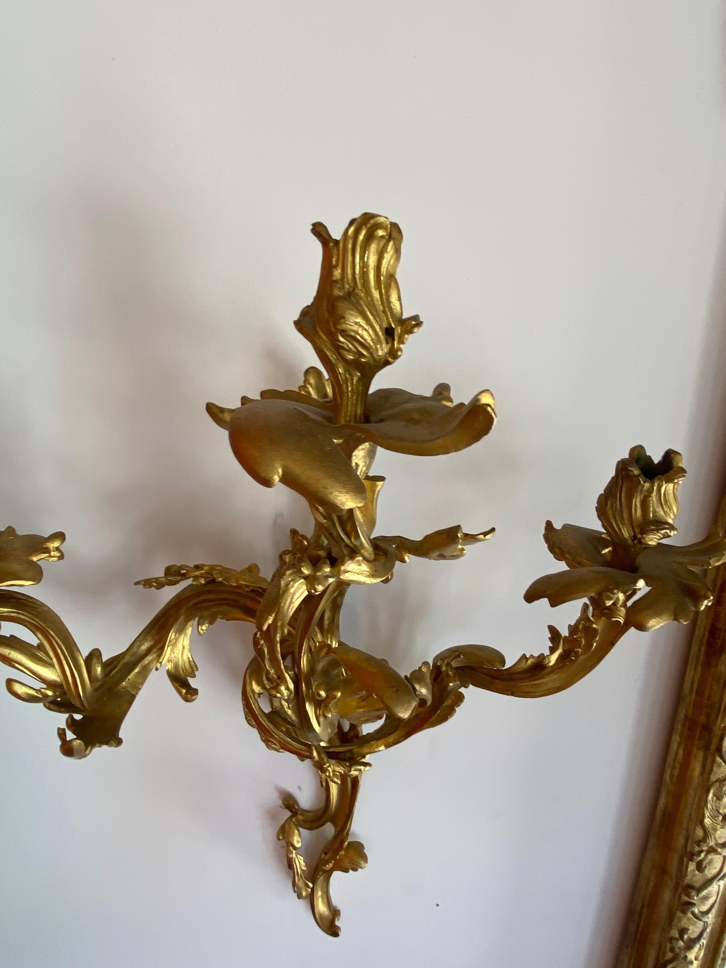 Pair of gilt bronze French sconces, 19th century Louis XV, American wired and certified 3 lights on ea.