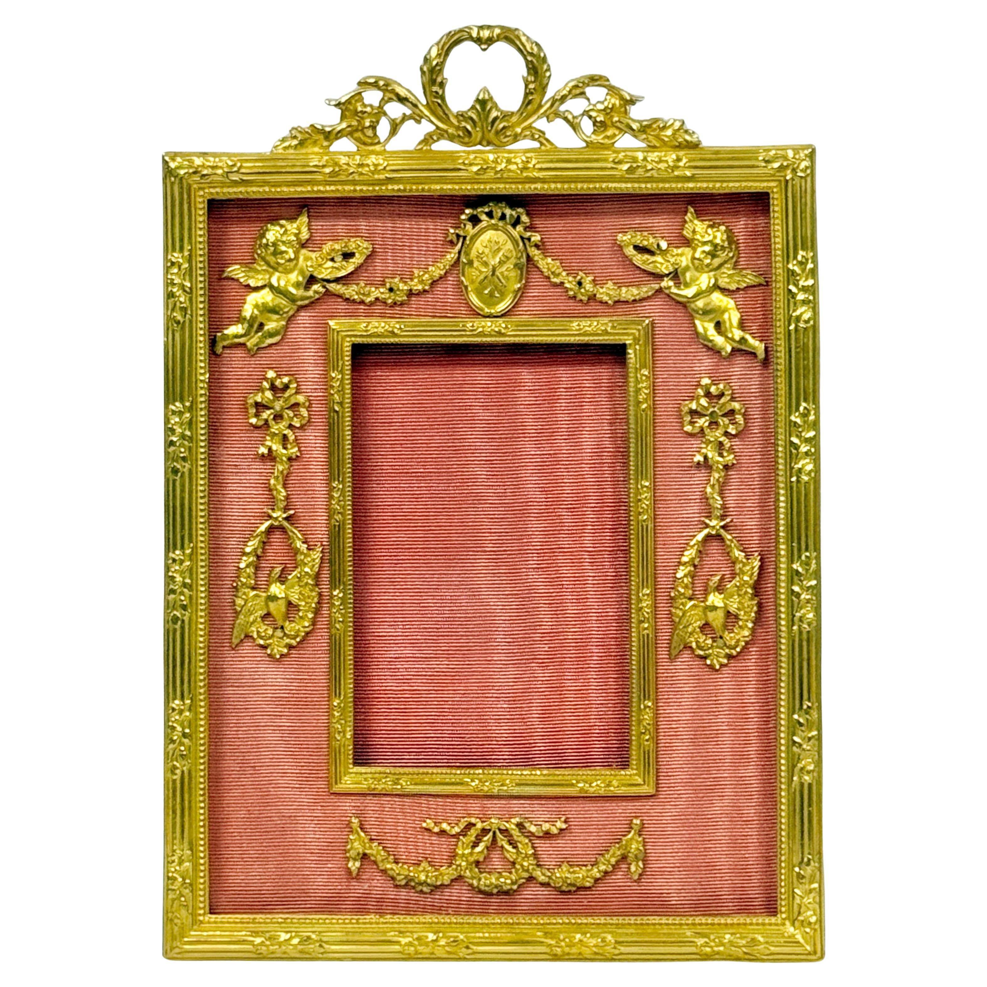 Marco De Bronce Dorado Francés Con Tela De Seda Moaré