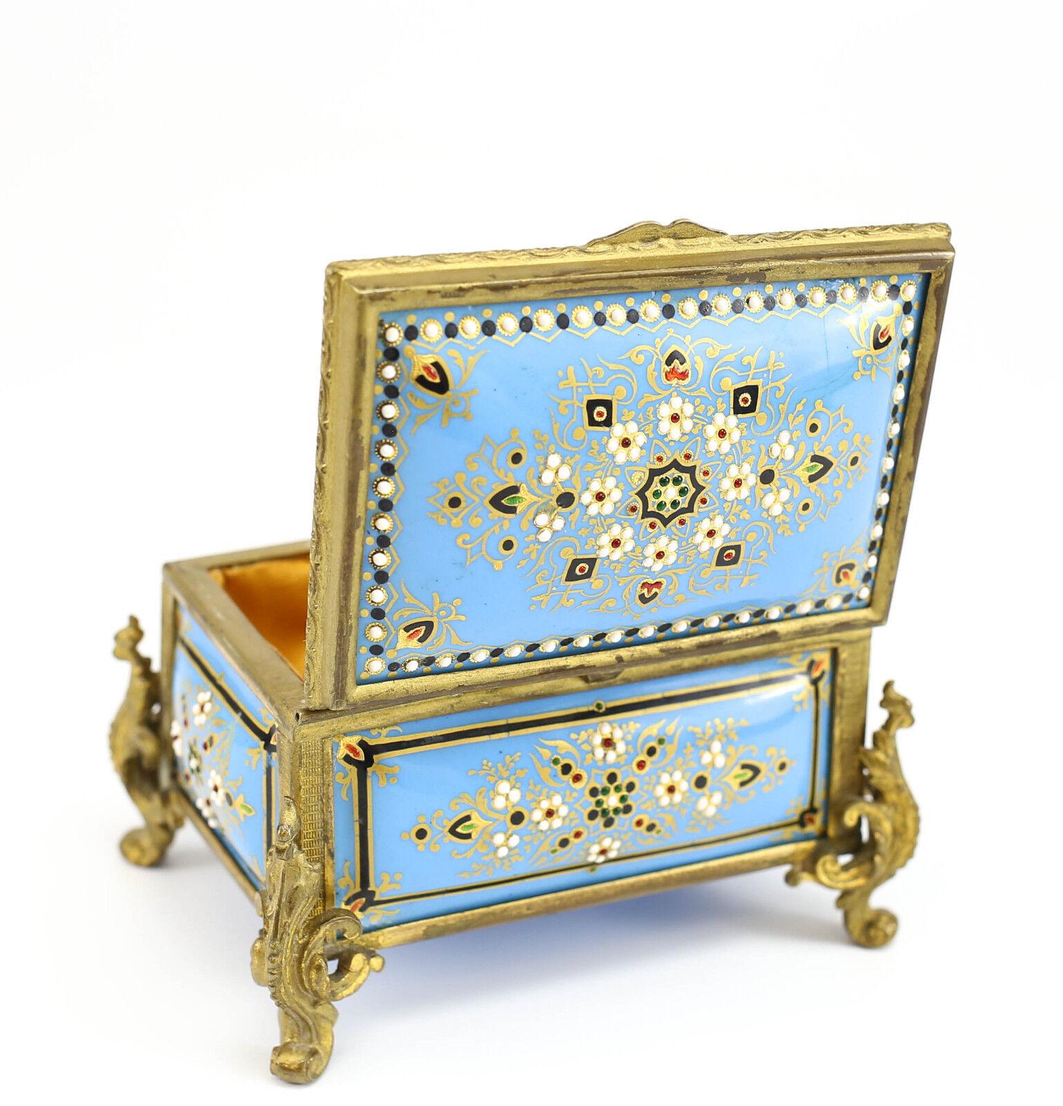 French Gilt Bronze & Porcelain Jewelry Box, Powder Blue & Raised Floral Enamel In Good Condition In Gardena, CA