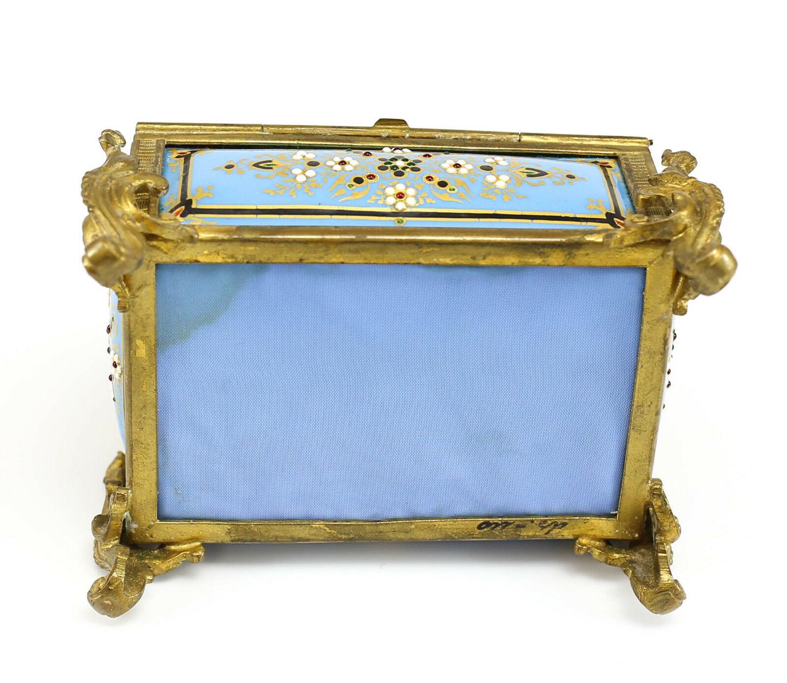 20th Century French Gilt Bronze & Porcelain Jewelry Box, Powder Blue & Raised Floral Enamel