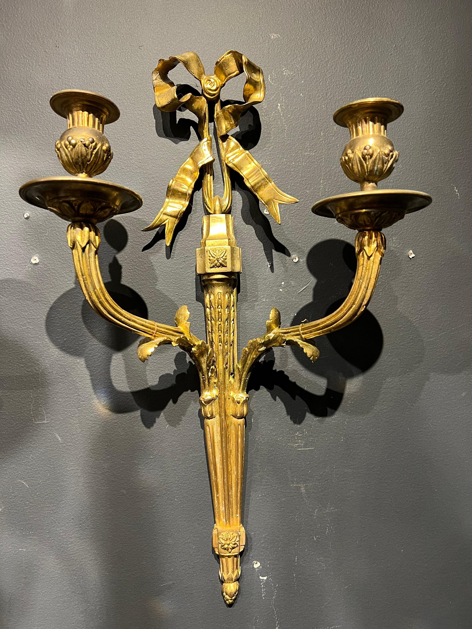 French Provincial Pair of French Gilt Bronze Sconces