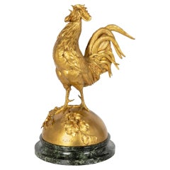 French Gilt Bronze Sculpture of Rooster “La Reveil” After Auguste Cain