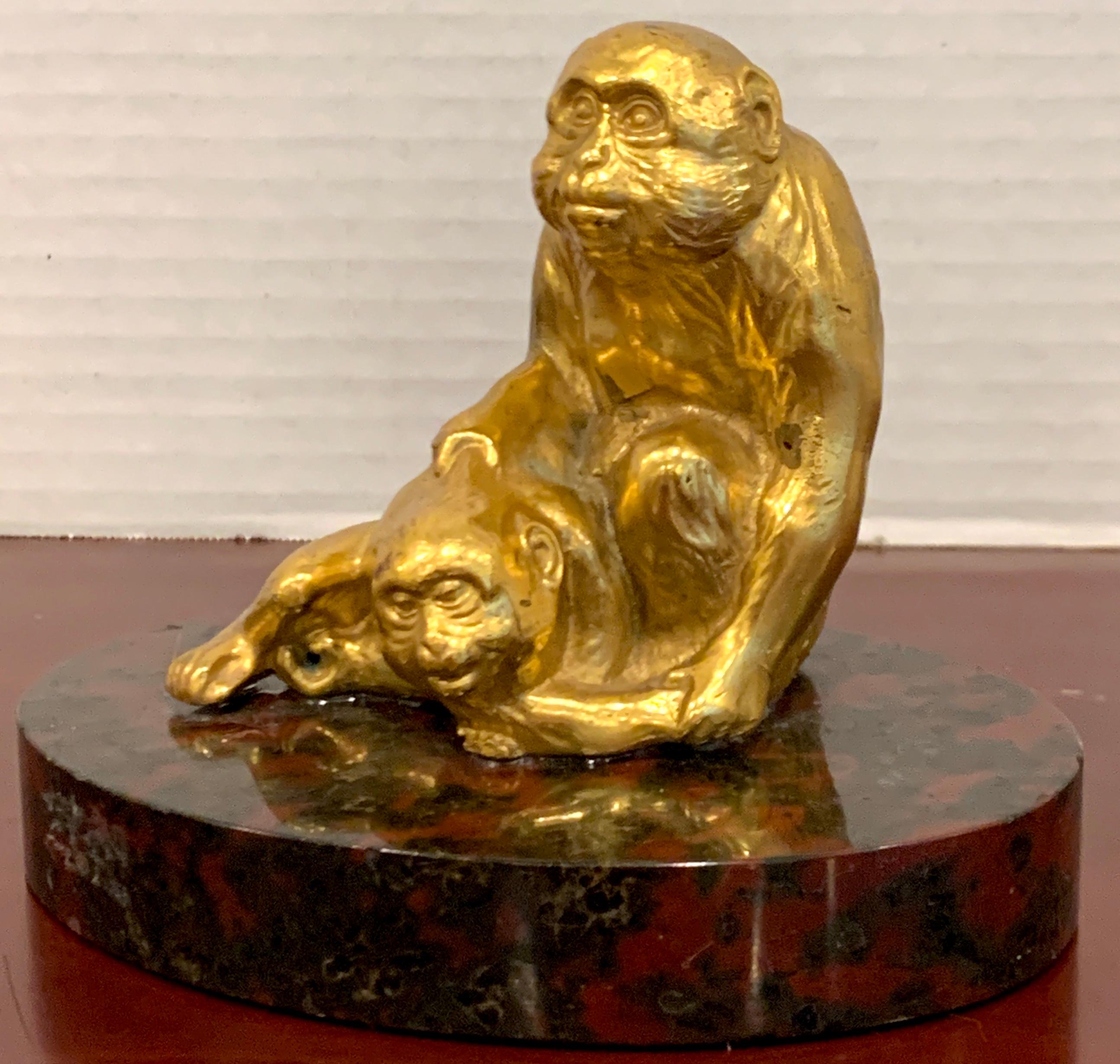 20th Century French Gilt Bronze Sculpture of Seated Monkeys For Sale