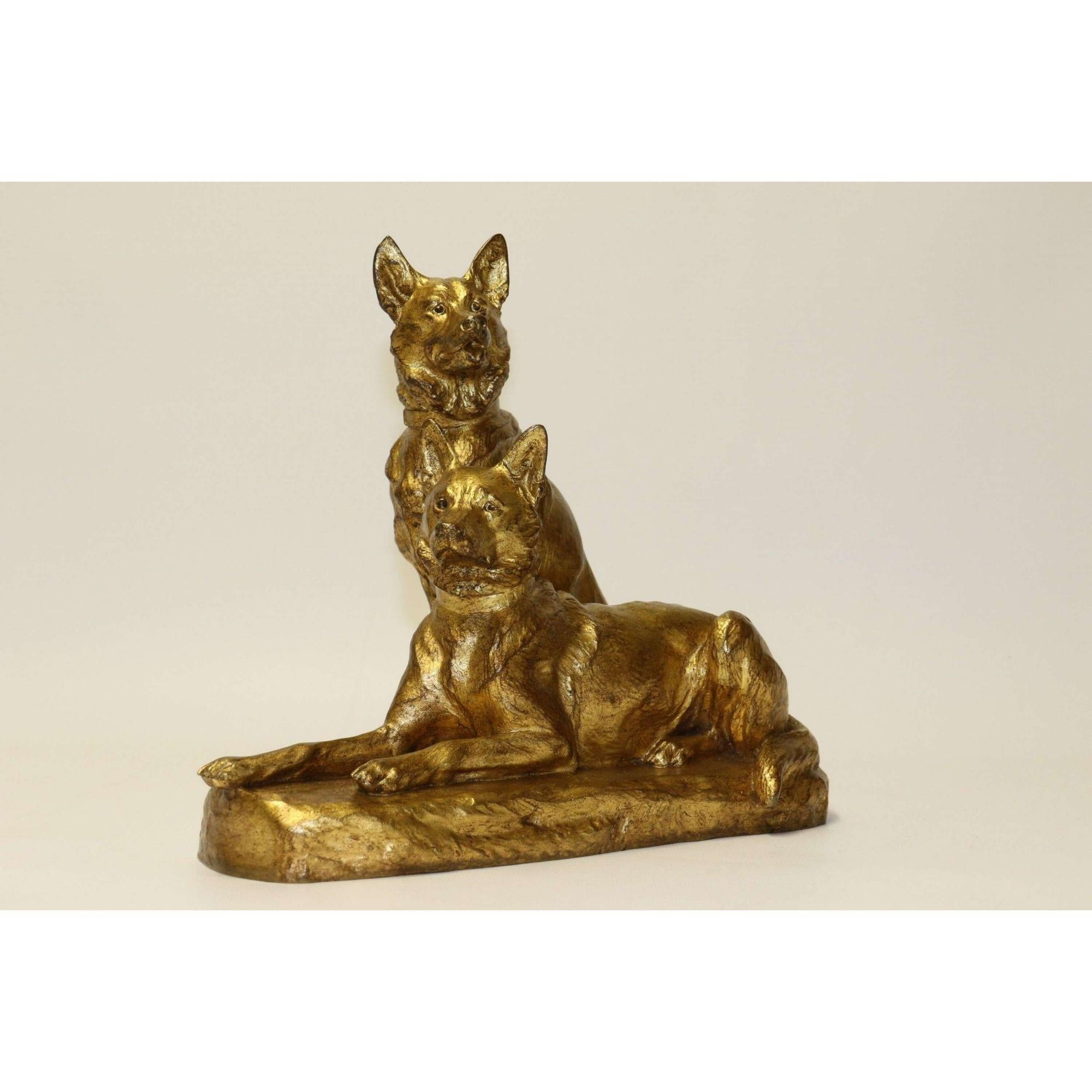 French Gilt Bronze Study of Two German Shepherd Dogs by Louis Riche, circa 1910 For Sale 6