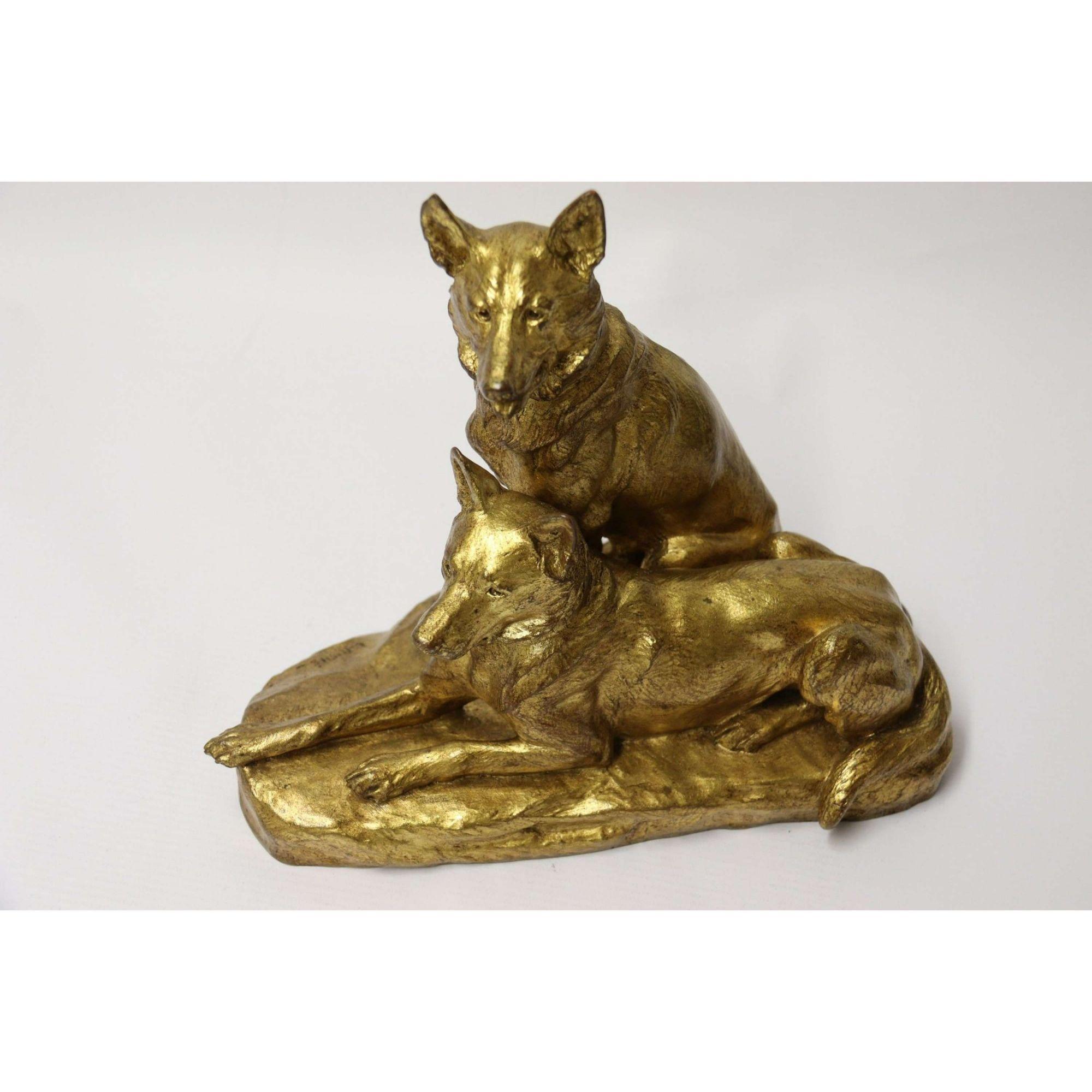 French Gilt Bronze Study of Two German Shepherd Dogs by Louis Riche, circa 1910 For Sale 12