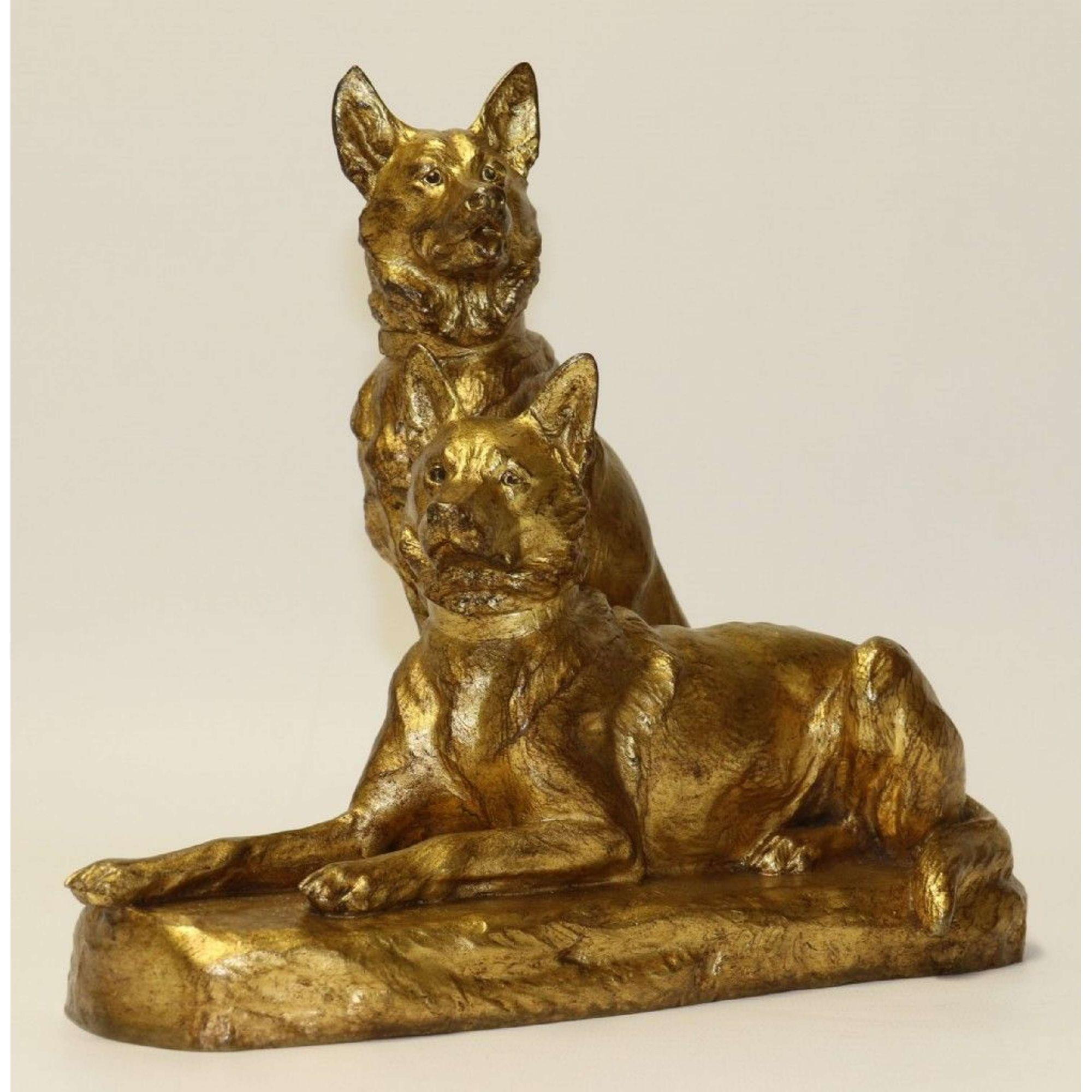 Estudio francés en bronce dorado de dos perros pastores alemanes por Louis Riche, hacia 1910 en venta 13