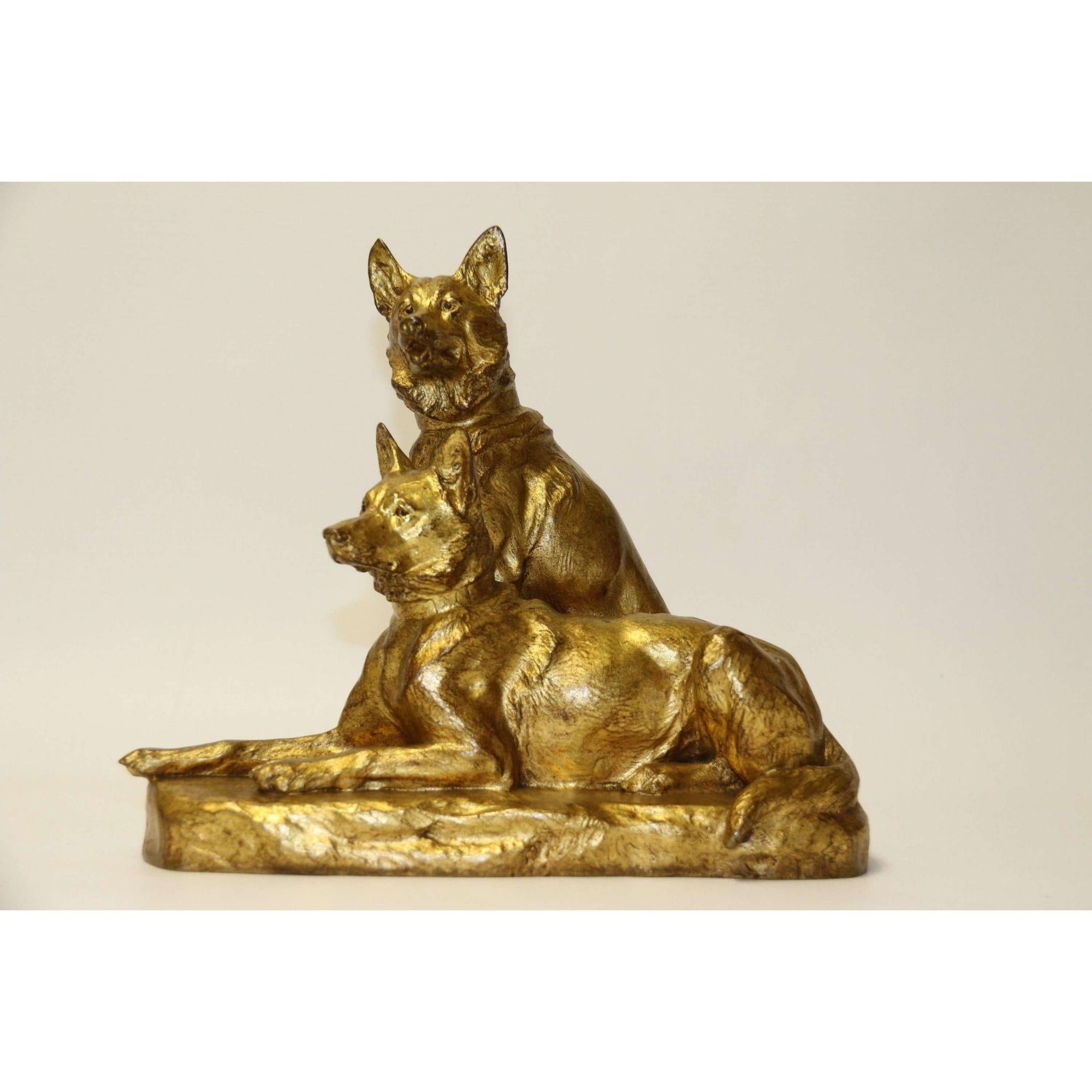 French Gilt Bronze Study of Two German Shepherd Dogs by Louis Riche, circa 1910 For Sale 1