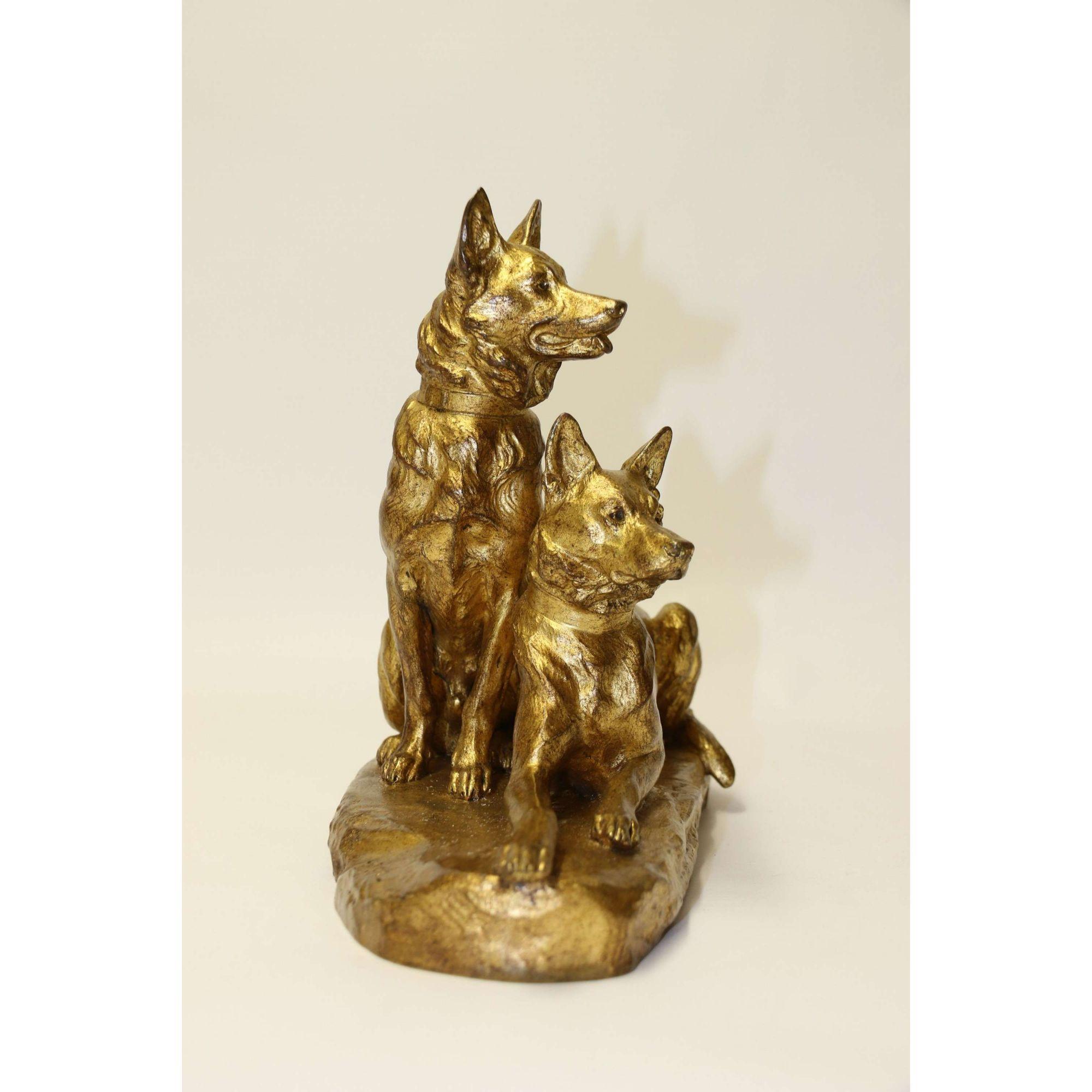 Estudio francés en bronce dorado de dos perros pastores alemanes por Louis Riche, hacia 1910 siglo XX en venta