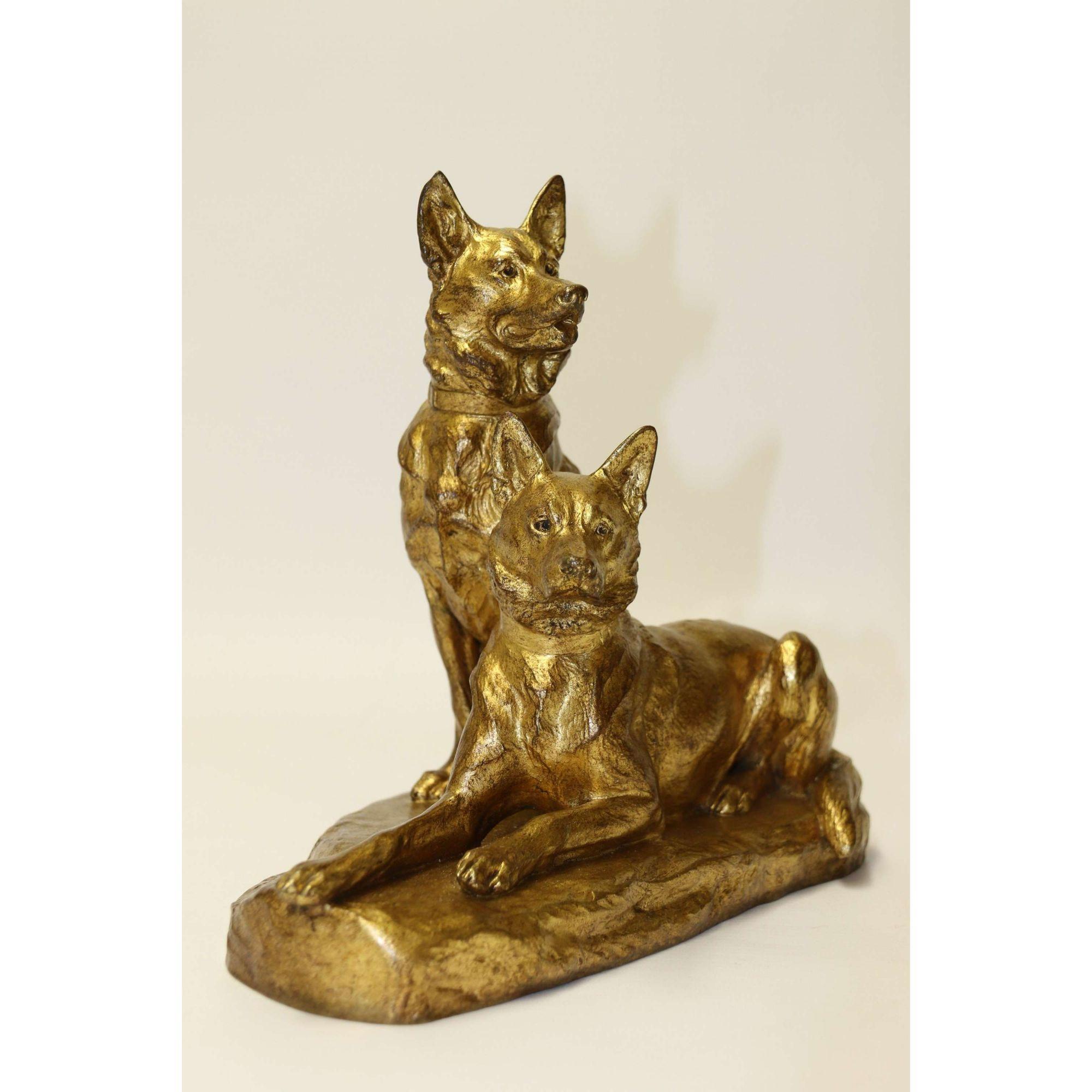 French Gilt Bronze Study of Two German Shepherd Dogs by Louis Riche, circa 1910 For Sale 3