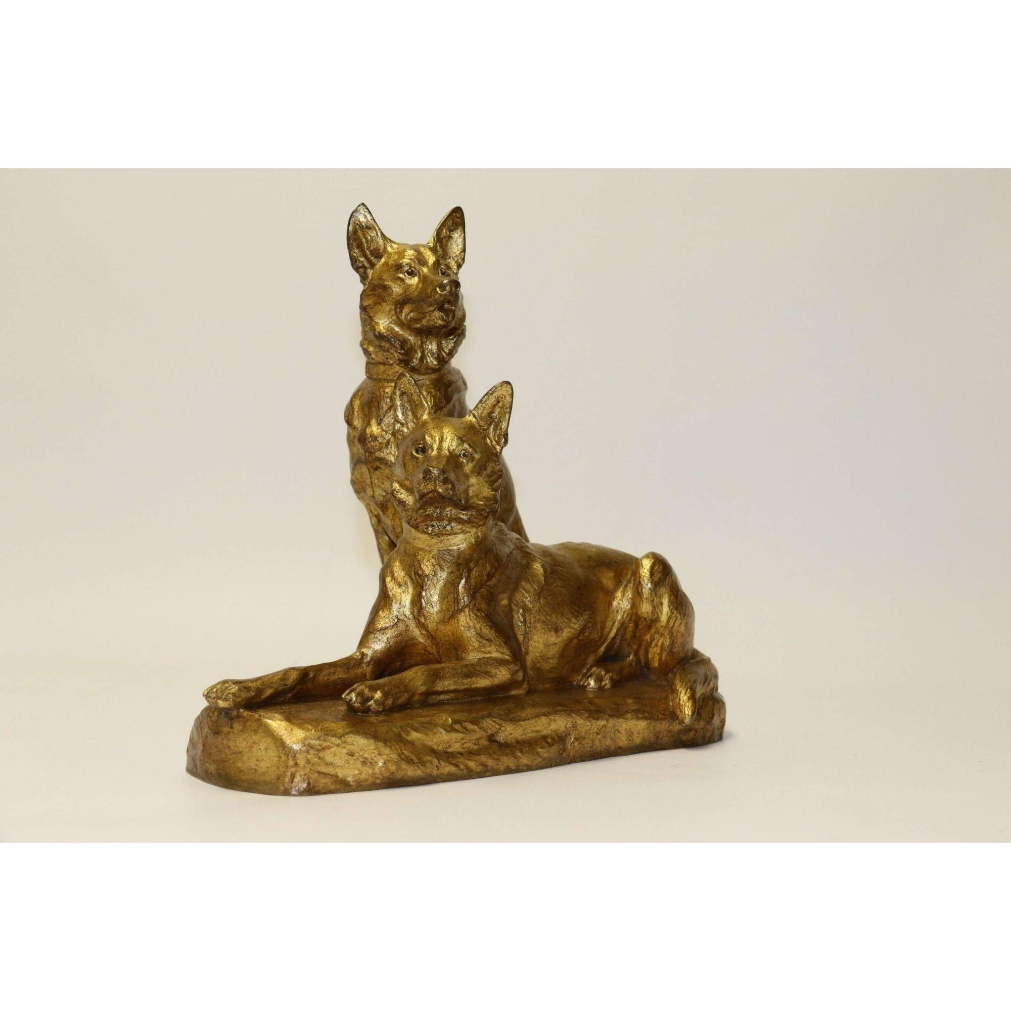 French Gilt Bronze Study of Two German Shepherd Dogs by Louis Riche, circa 1910 For Sale 5
