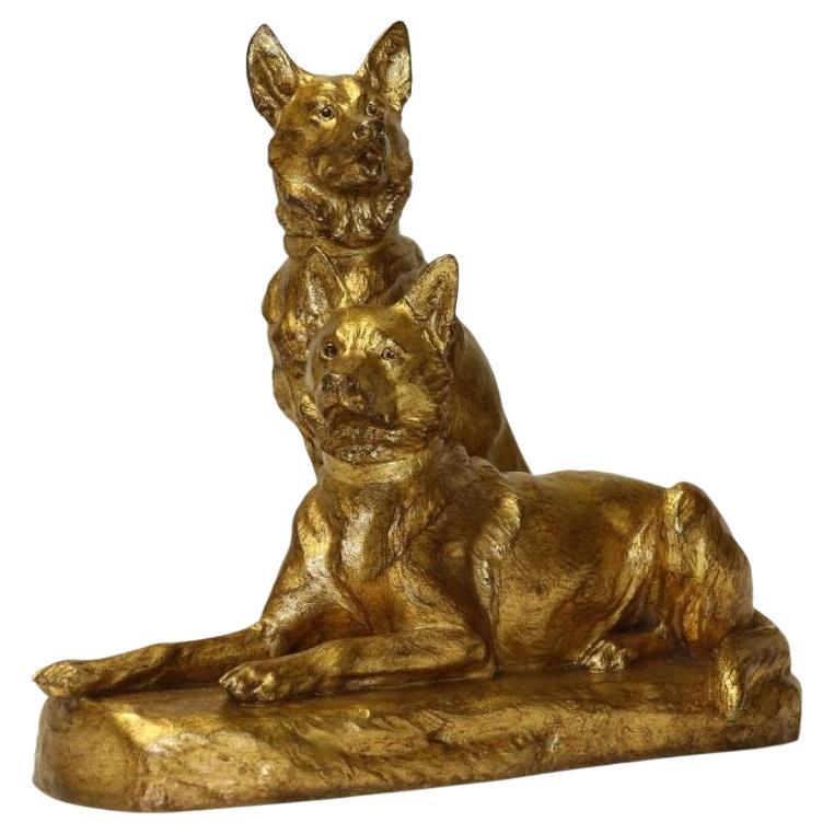 Französische vergoldete Bronzestudie zweier deutscher Hirtenhunde von Louis Riche, um 1910