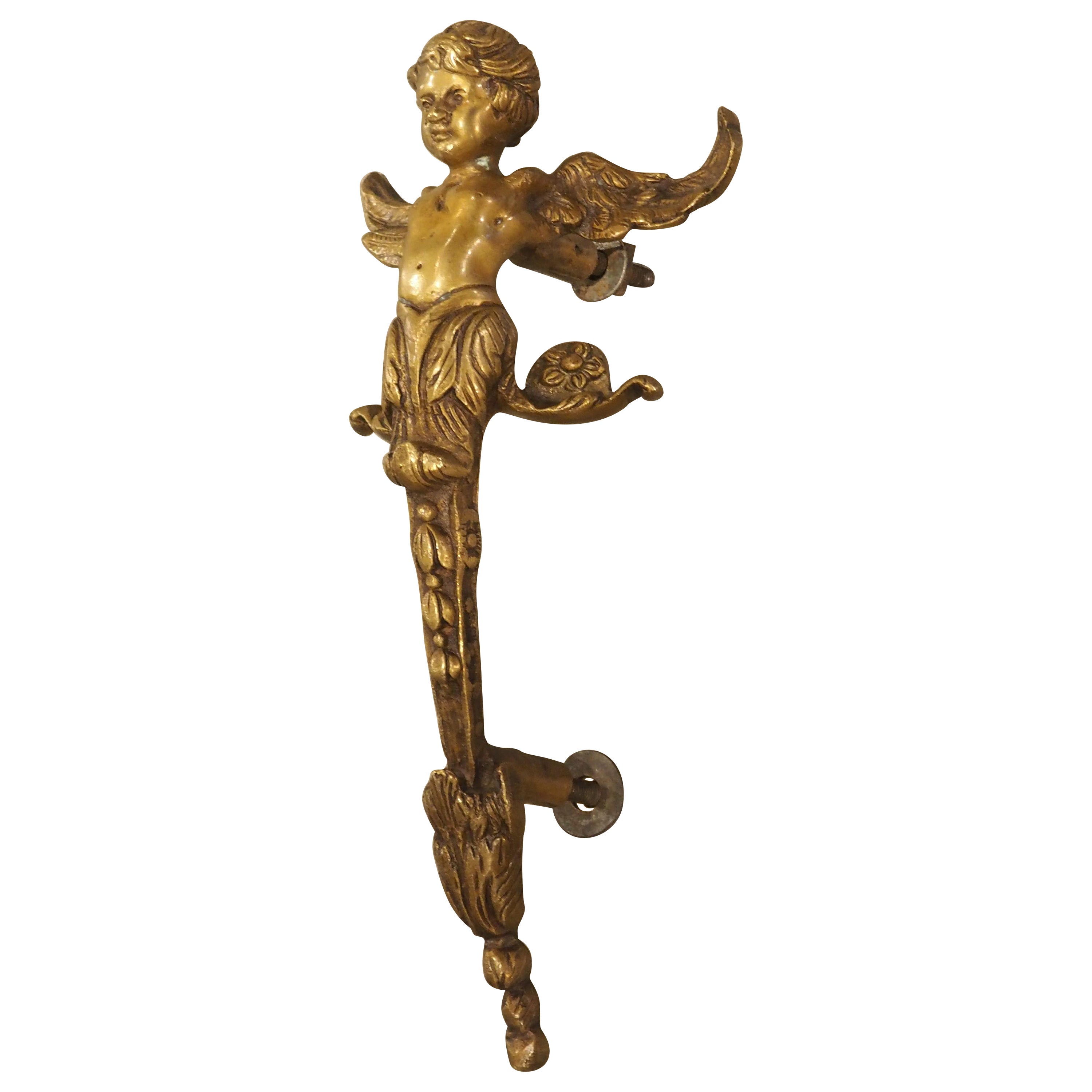 French Gilt Bronze Winged Cherub Door Handle, 20th Century