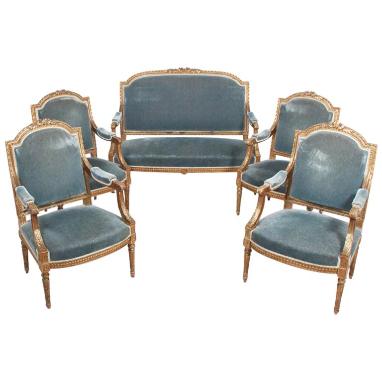 French Gilt Carved Louis XVI-Style Salon Suite