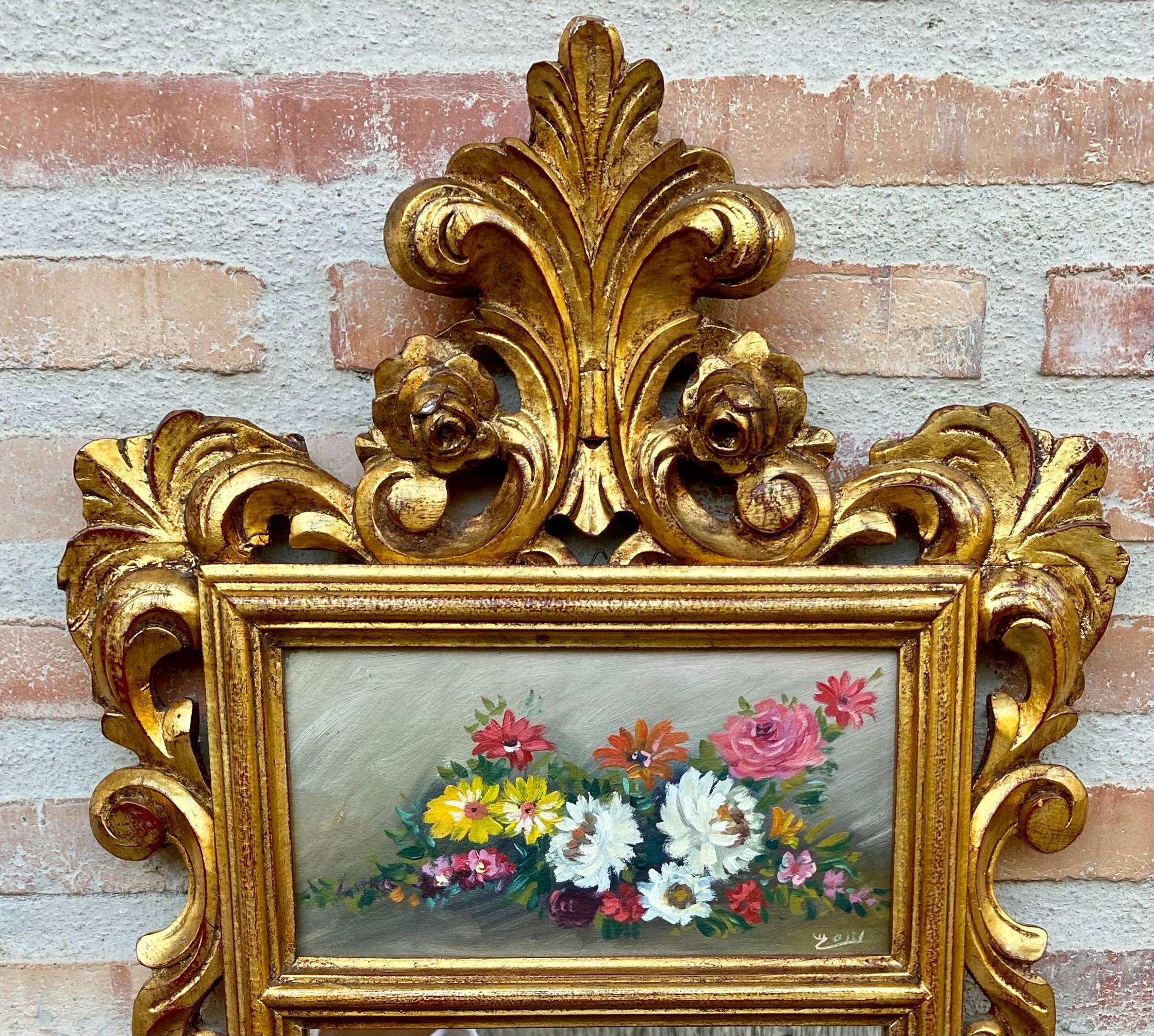Provincial français Miroir mural sculpté et doré de style rococo français avec peinture à l'huile de Flora en vente
