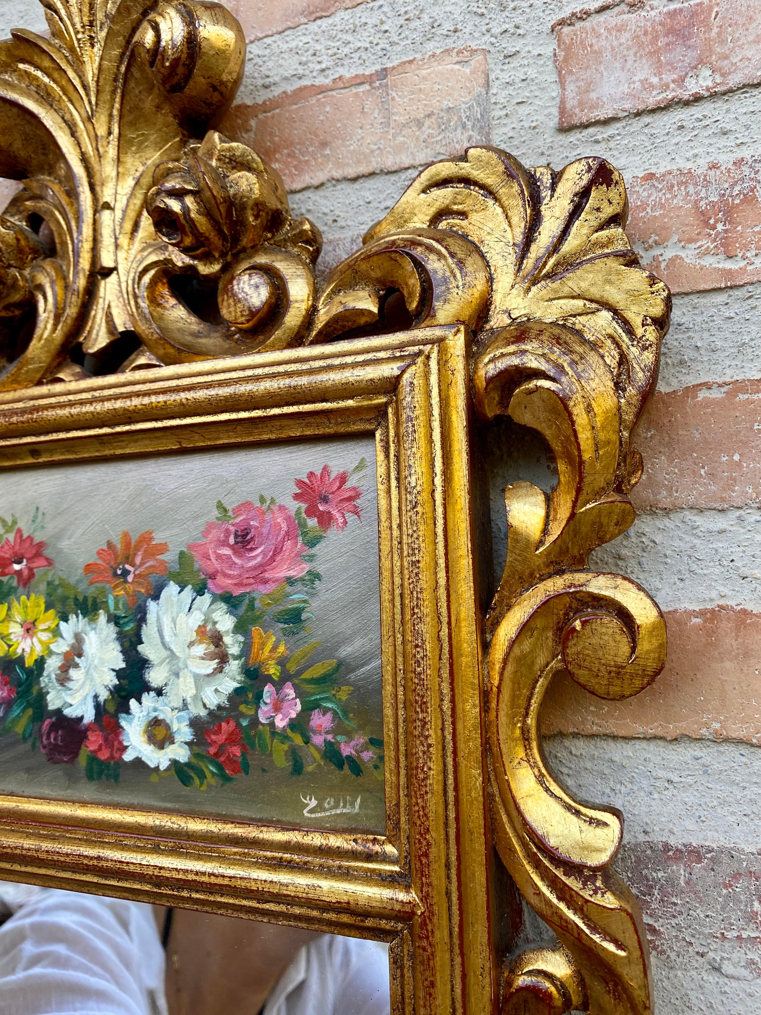 French Gilt Carved Wall Mirror in French Rococo Style with Oil Painting of Flora In Good Condition For Sale In Miami, FL