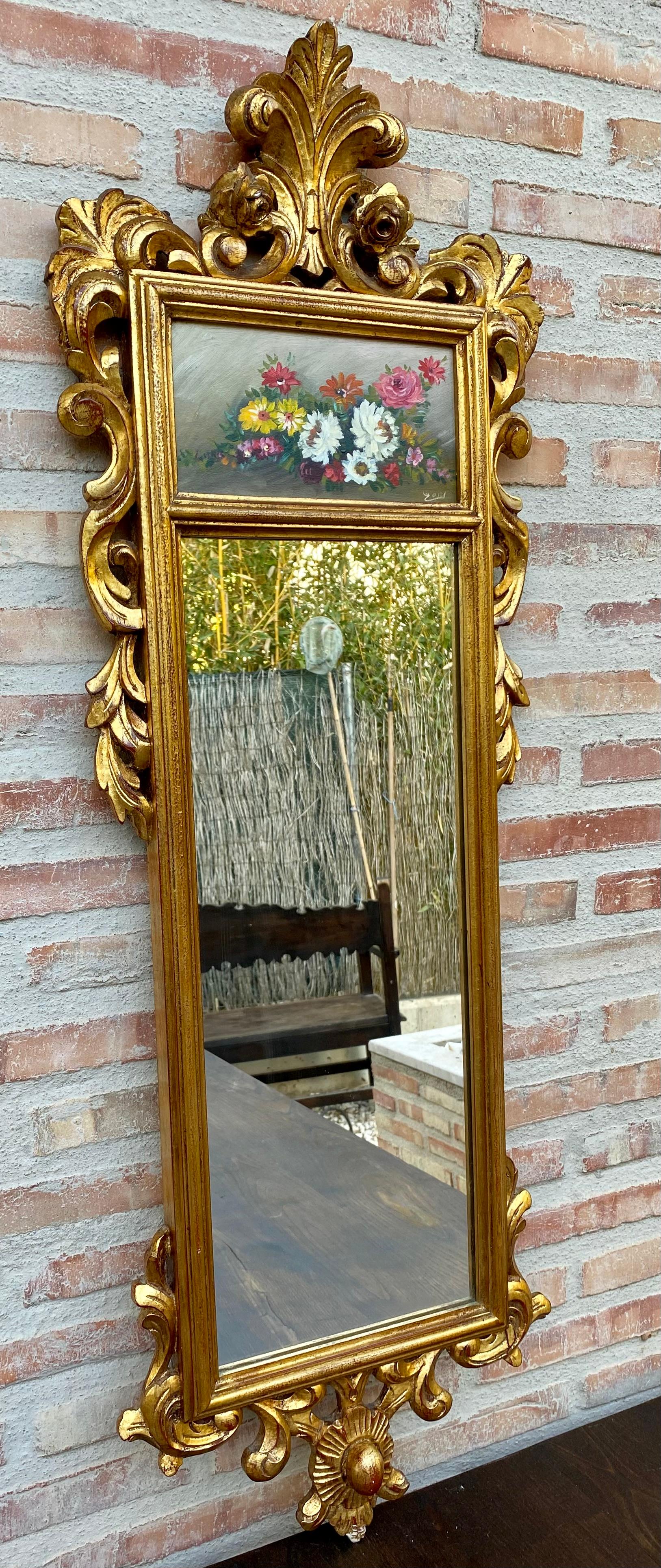 20th Century French Gilt Carved Wall Mirror in French Rococo Style with Oil Painting of Flora For Sale