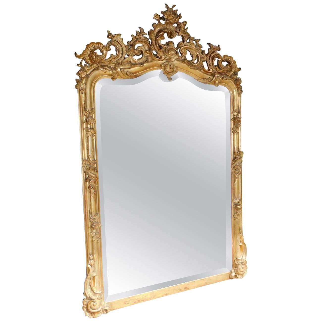 French Gilt Carved Wood and Gesso Foliage Wall Mirror with Beveled Glass C. 1820