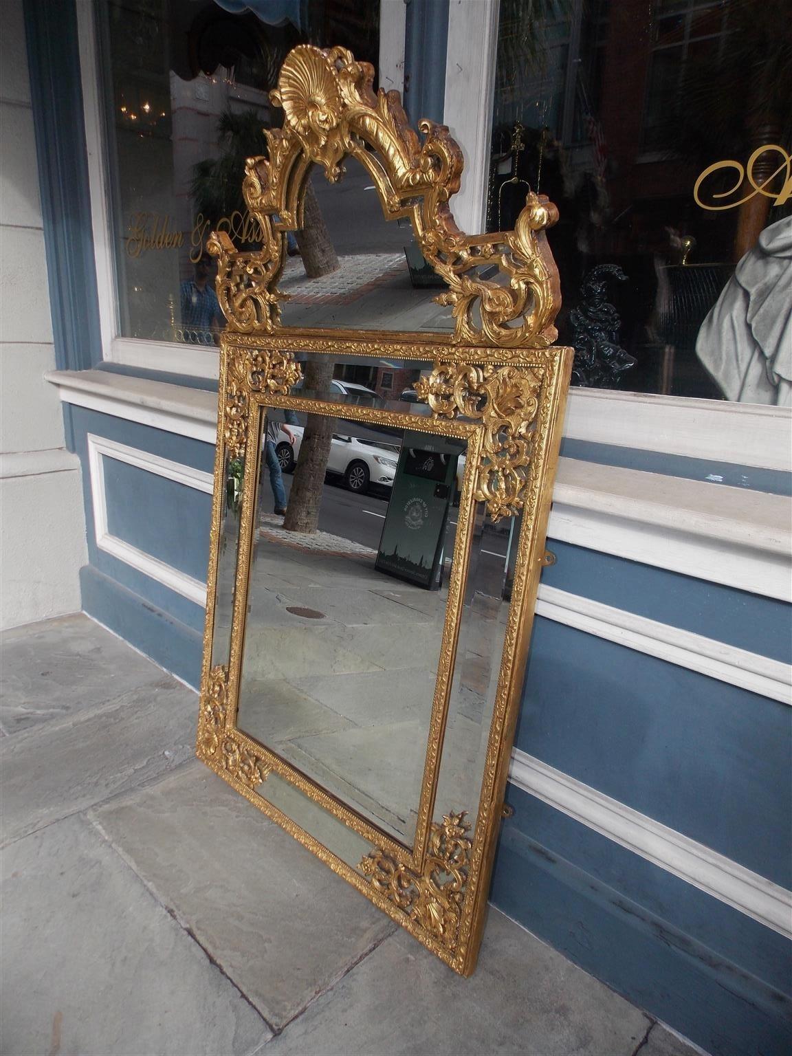 Louis XV French Gilt Carved Wood Floral and Shell Wall Mirror with Original Glass C. 1750 For Sale